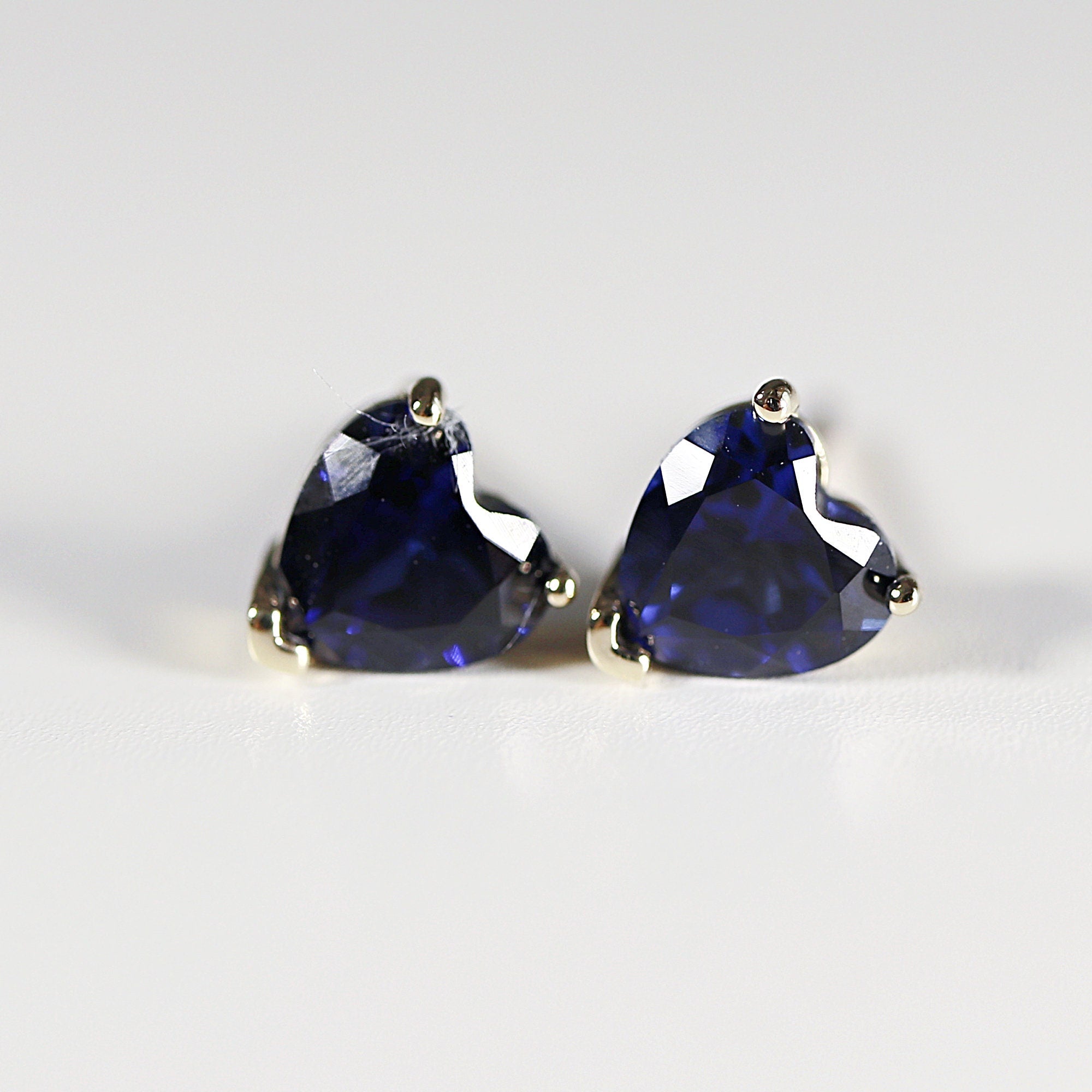 Blue Sapphire Earrings, 14k Solid Gold, Heart Sapphire Stud Earrings