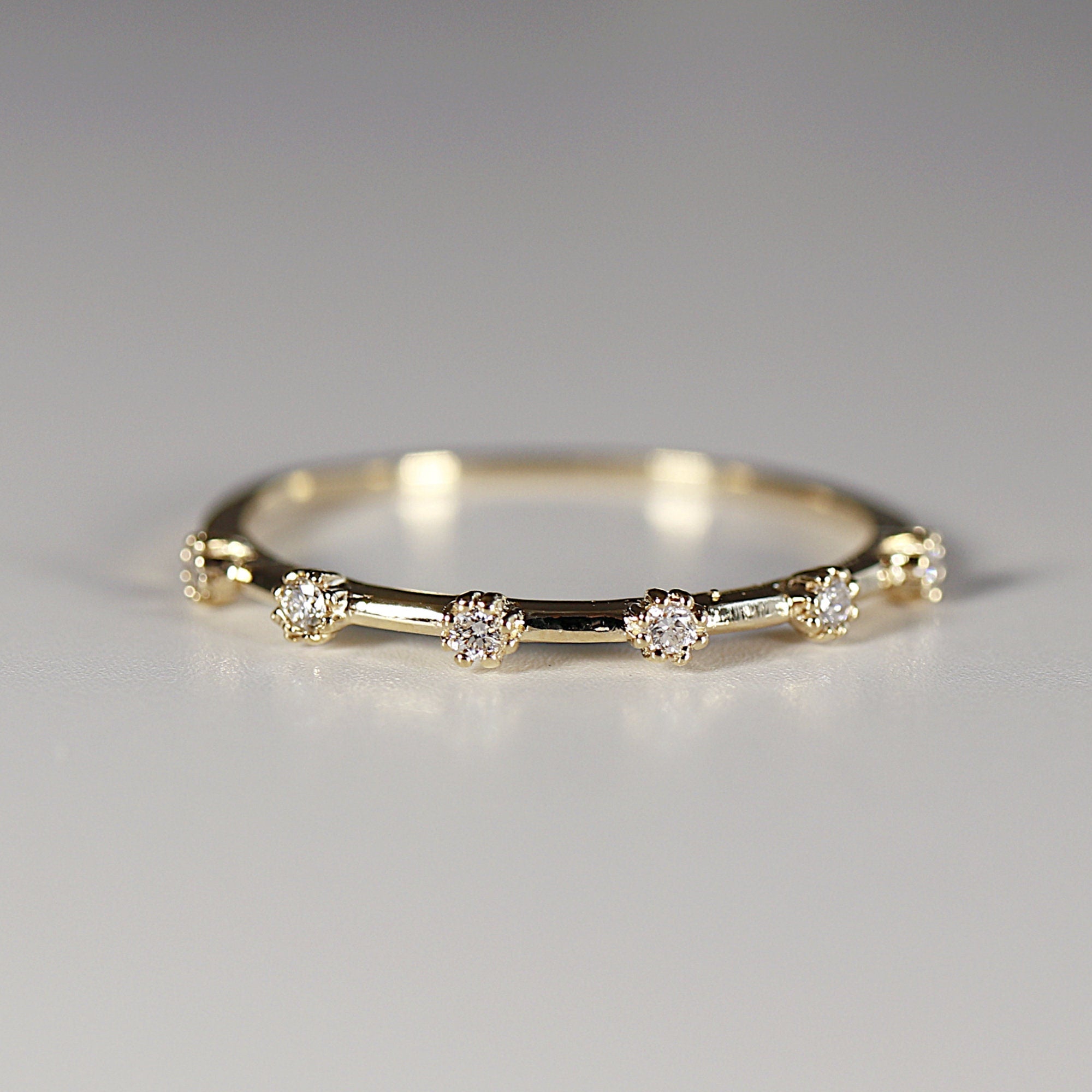 Dainty Diamond Ring 14k Solid Gold – Milgrain Bezel Set 6 Diamond Minimalist Stacking Dot Ring Gift for Her - Melt'm Jewelry