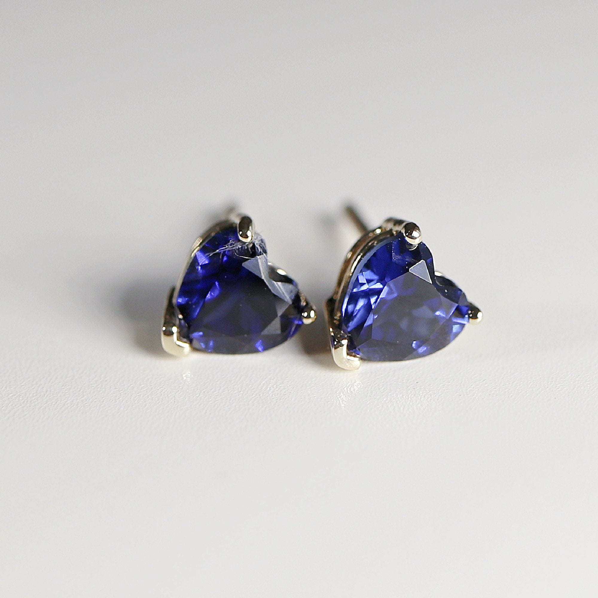 Blue Sapphire Earrings, 14k Solid Gold, Heart Sapphire Stud Earrings