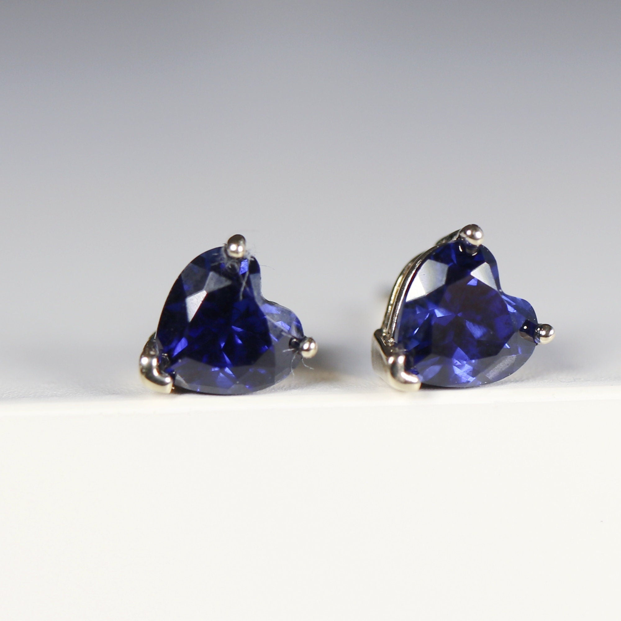 Blue Sapphire Earrings, 14k Solid Gold, Heart Sapphire Stud Earrings