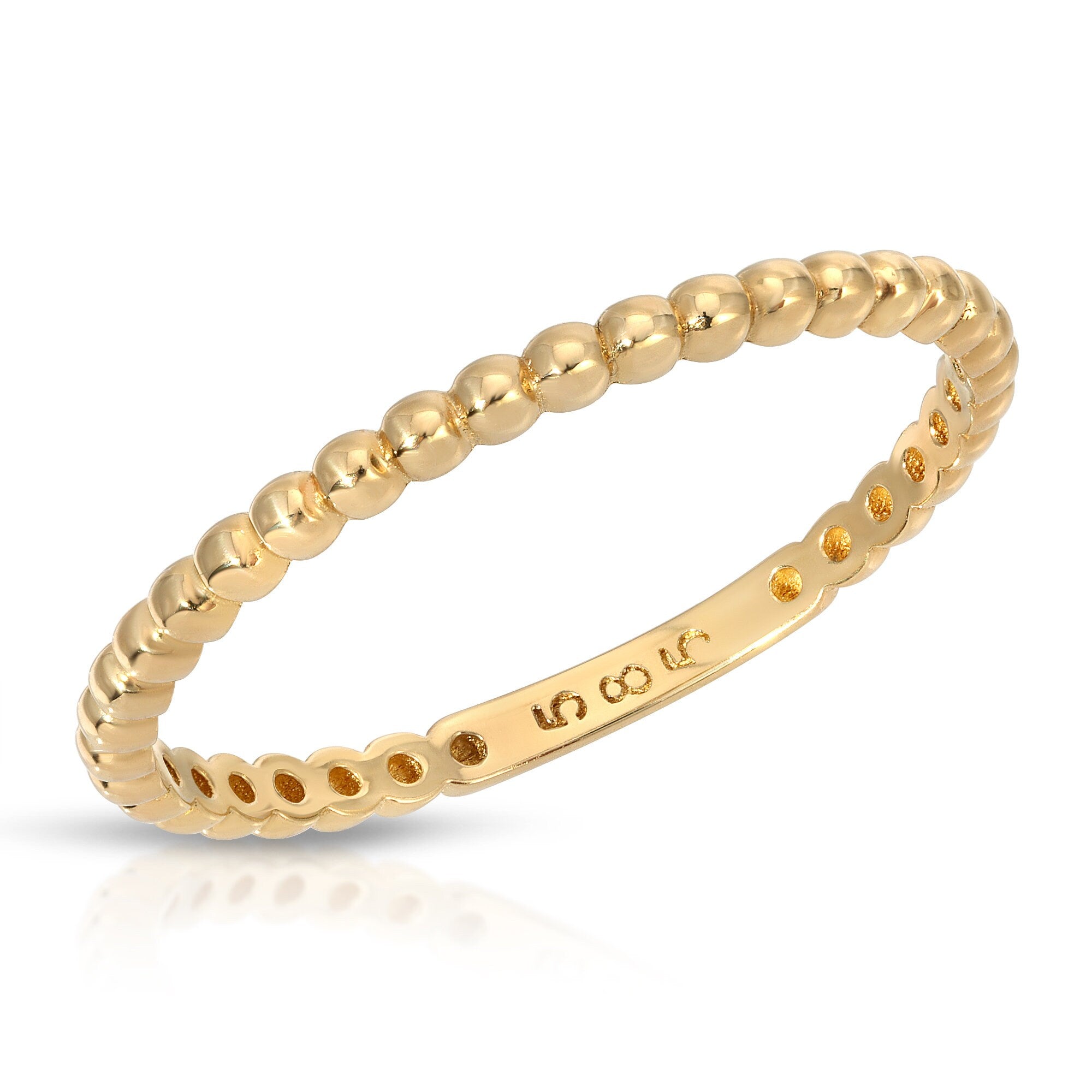 14k Gold Dainty Beaded Ring, Stacking Midi Ring