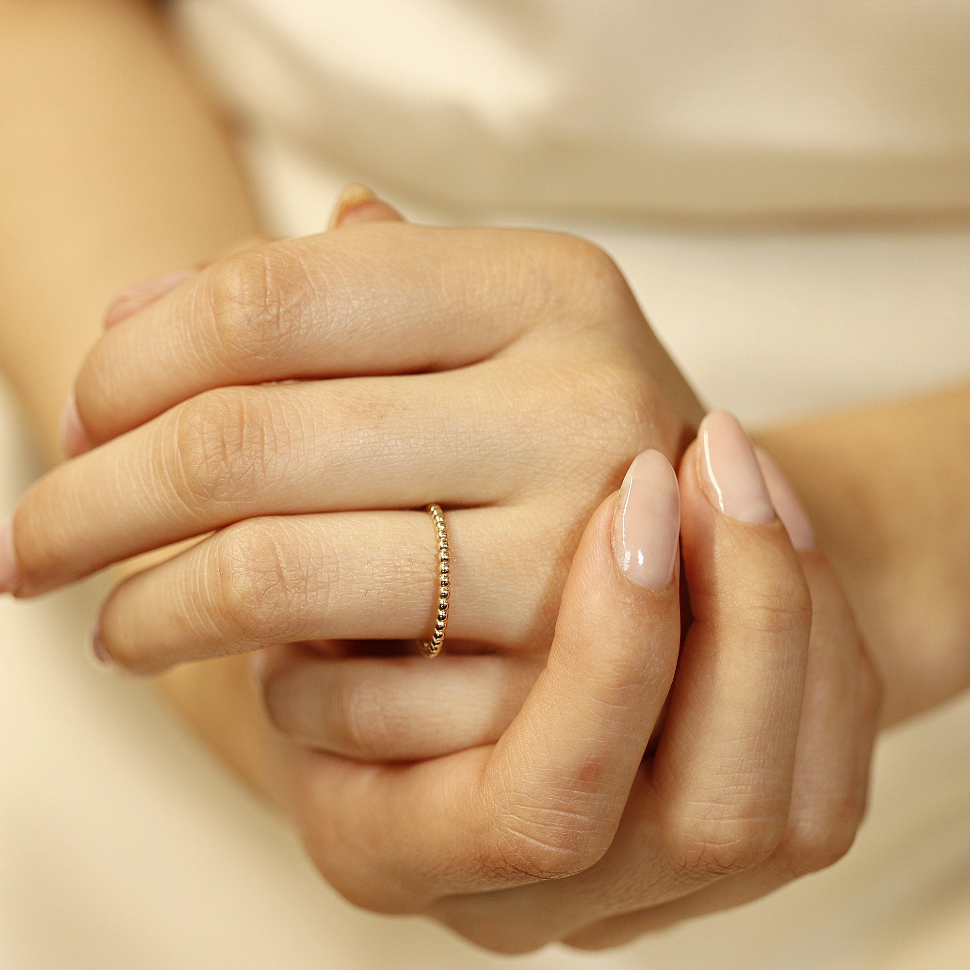 14k Gold Dainty Beaded Ring, Stacking Midi Ring - Melt'm Jewelry