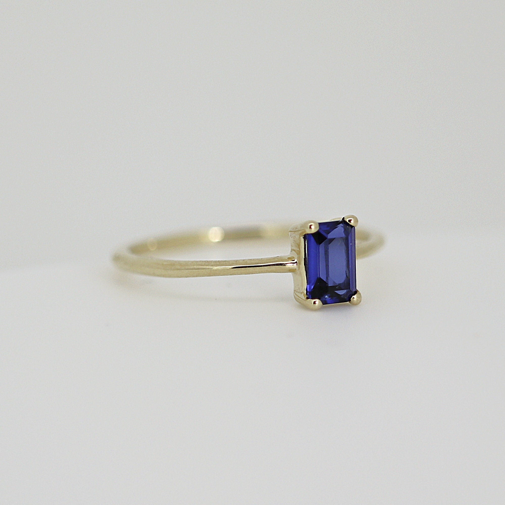 Blue Sapphire Engagement Ring 14k Gold, Emerald Cut Sapphire Ring, Minimalist