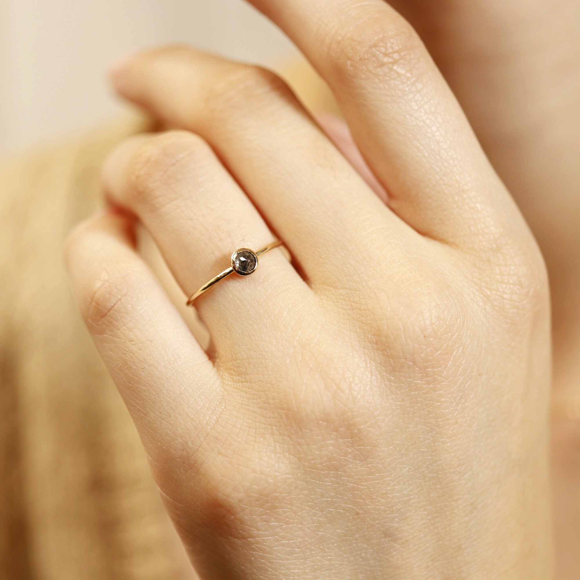 Dainty Salt and Pepper Diamond Ring, Solid 14k Gold Minimalist Rustic Diamond Ring, Proposal Ring, Unique Stacking Diamond Ring