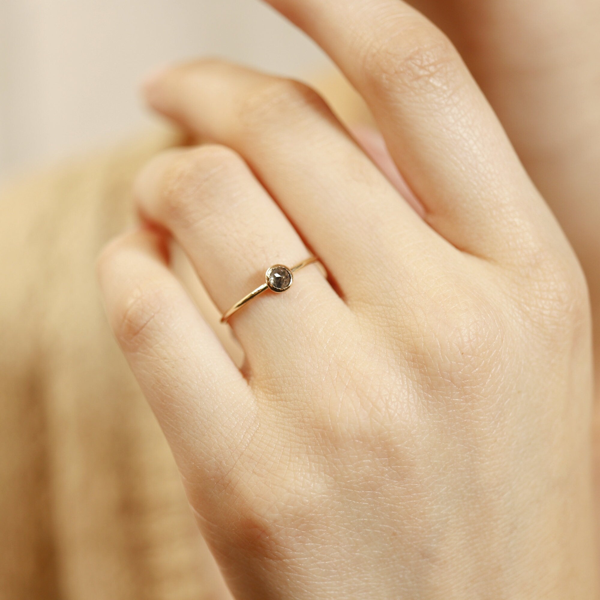 Dainty Salt and Pepper Diamond Ring, Solid 14k Gold Minimalist Rustic Diamond Ring, Proposal Ring, Unique Stacking Diamond Ring