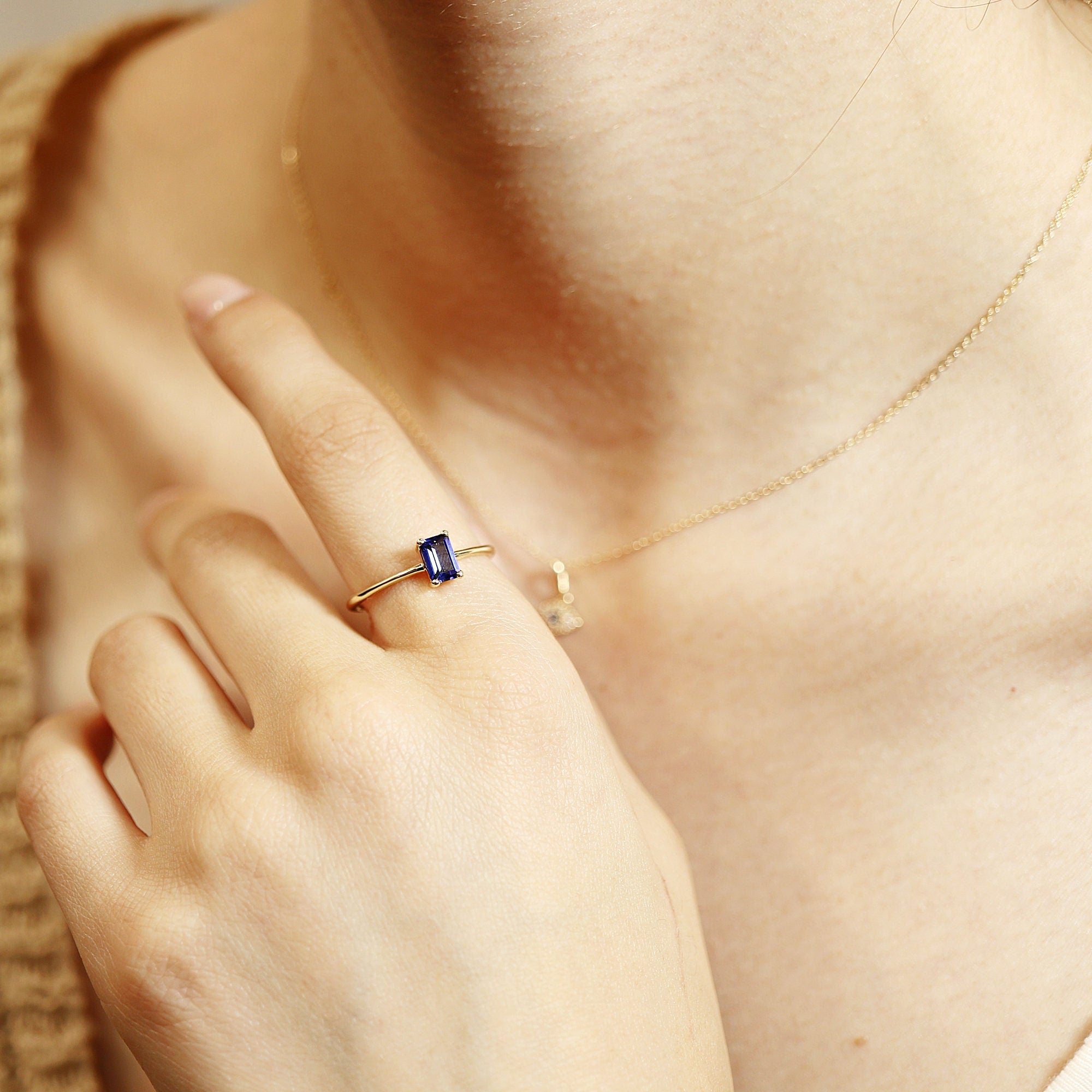 Blue Sapphire Engagement Ring 14k Gold, Emerald Cut Sapphire Ring, Minimalist