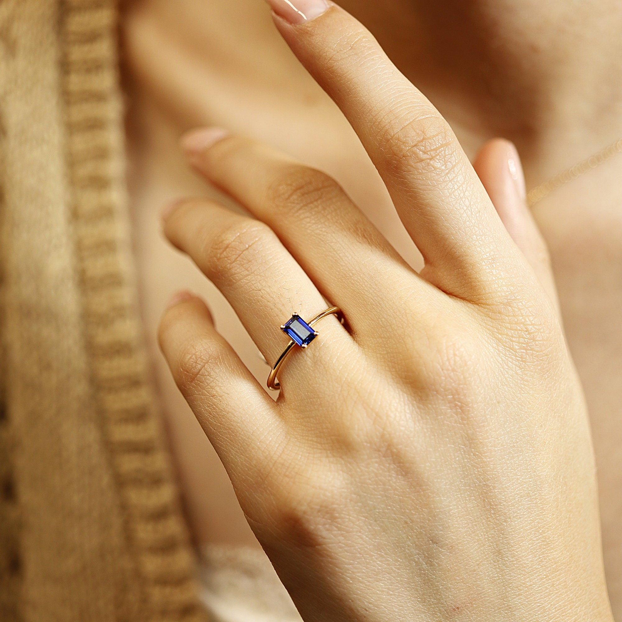 Blue Sapphire Engagement Ring 14k Gold, Emerald Cut Sapphire Ring, Minimalist - Melt'm Jewelry