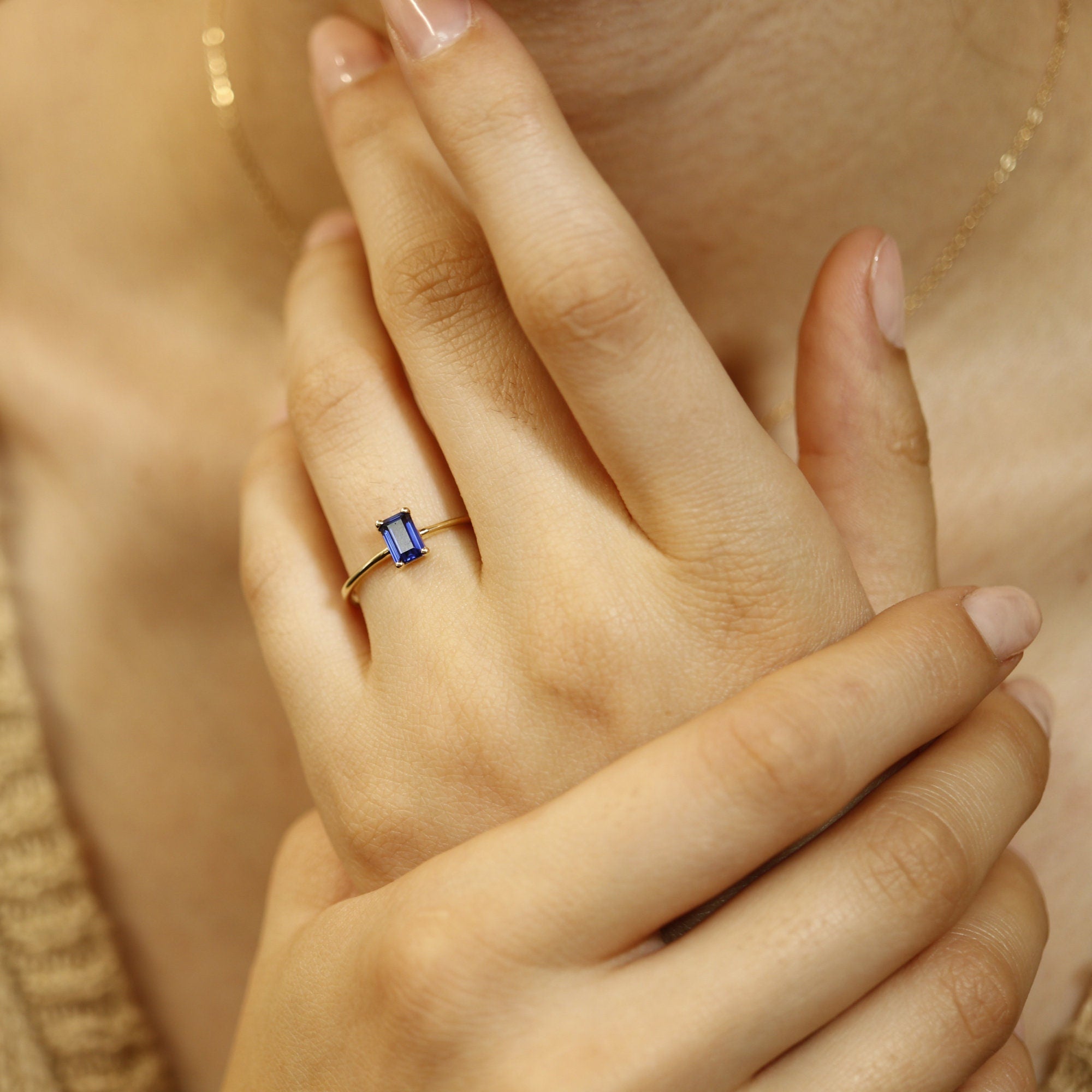 Blue Sapphire Engagement Ring 14k Gold, Emerald Cut Sapphire Ring, Minimalist