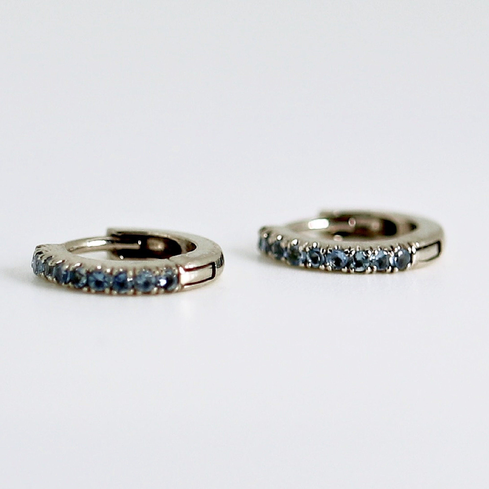 Mini Aquamarine Huggies, 14k White Gold Huggie Earrings, 10 mm Huggies