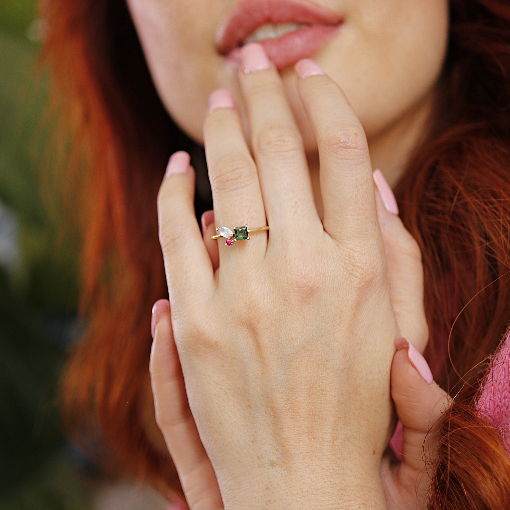 Indicolite Tourmaline, Moonstone and Ruby Cluster Ring / Colorful Engagement Ring