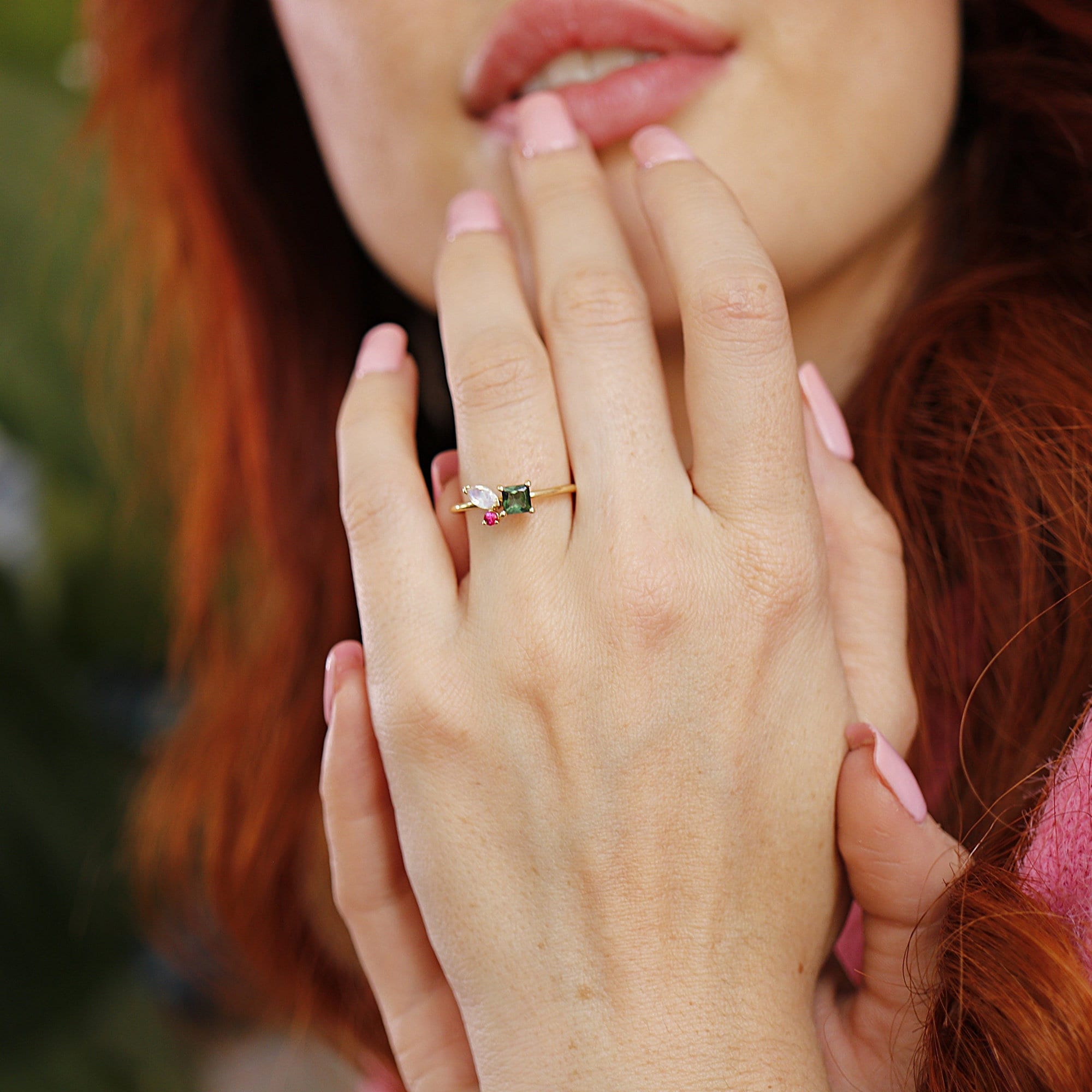 Indicolite Tourmaline Moonstone and Ruby Cluster Colorful Engagement Ring - Melt'm Jewelry