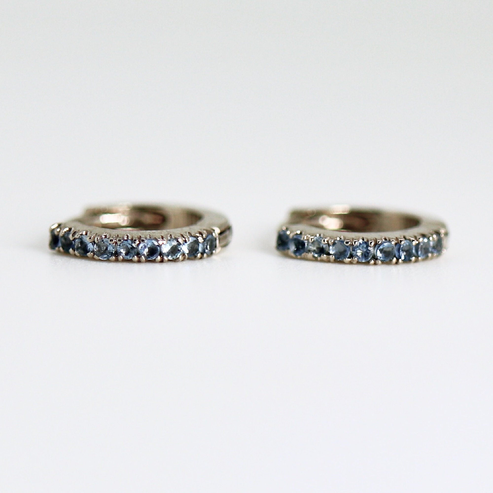 Mini Aquamarine Huggies, 14k White Gold Huggie Earrings, 10 mm Huggies