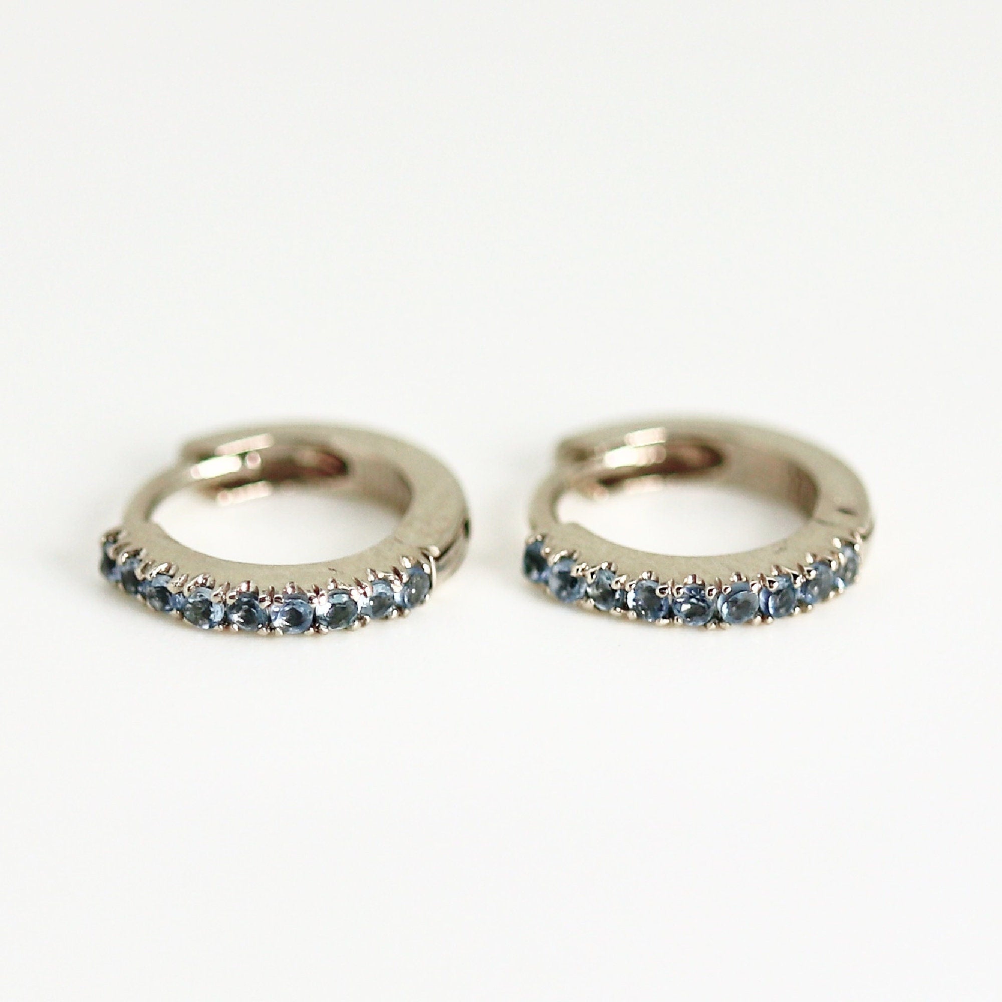 Mini Aquamarine Huggies, 14k White Gold Huggie Earrings, 10 mm Huggies