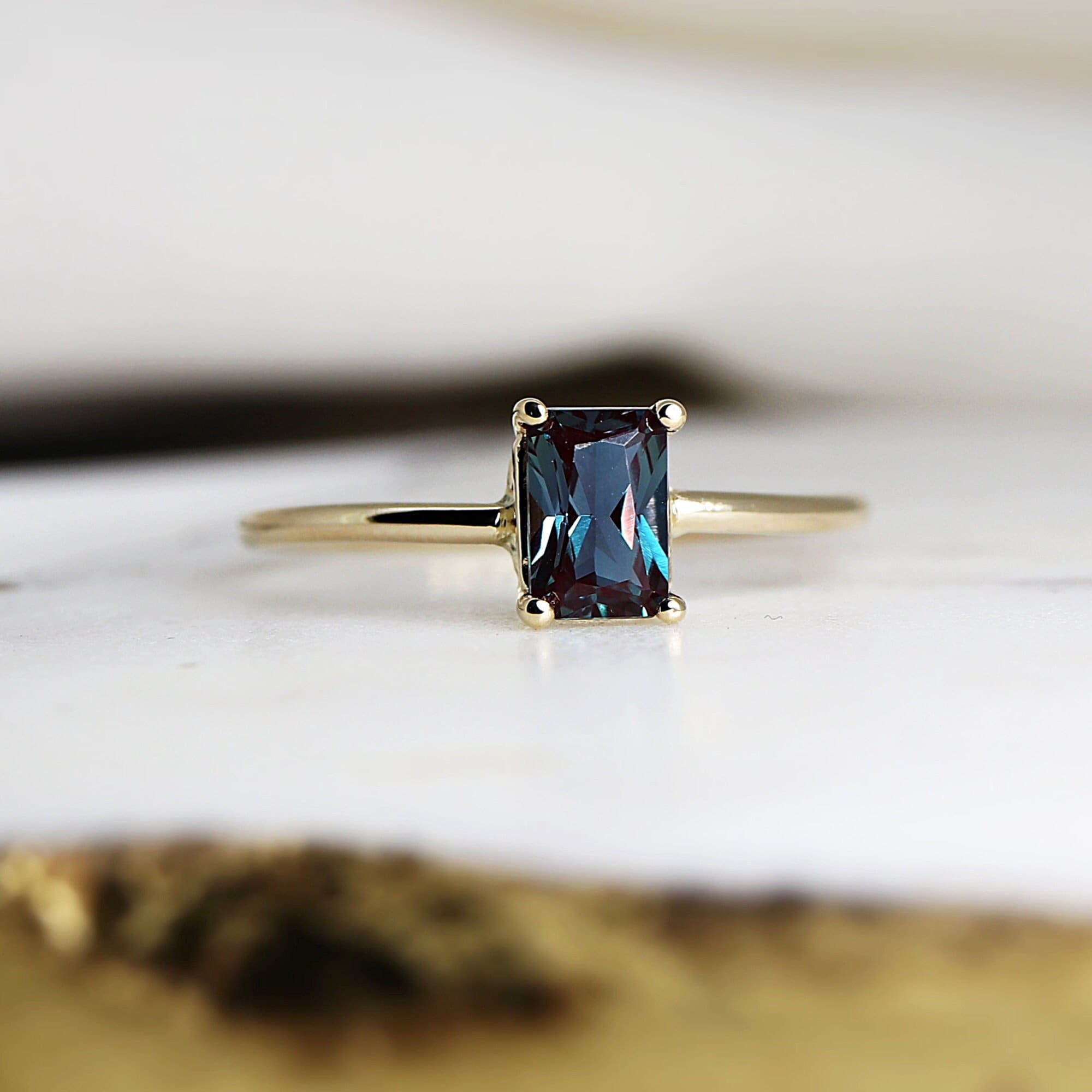 14k Gold Emerald Cut Alexandrite Ring