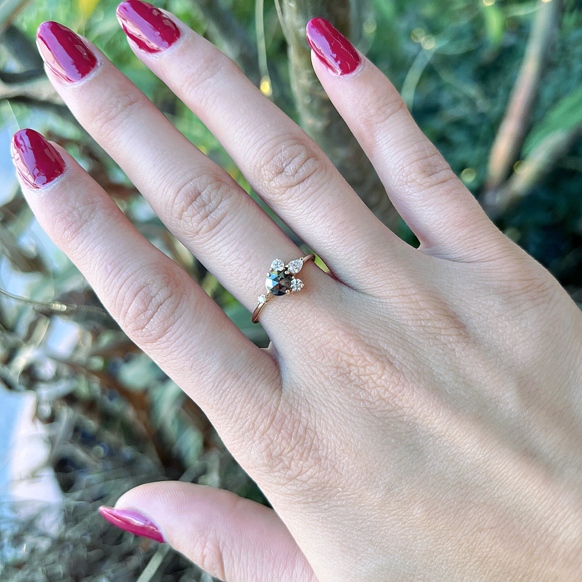 Handcrafted Rose Cut Salt and Pepper Diamond Cluster Ring