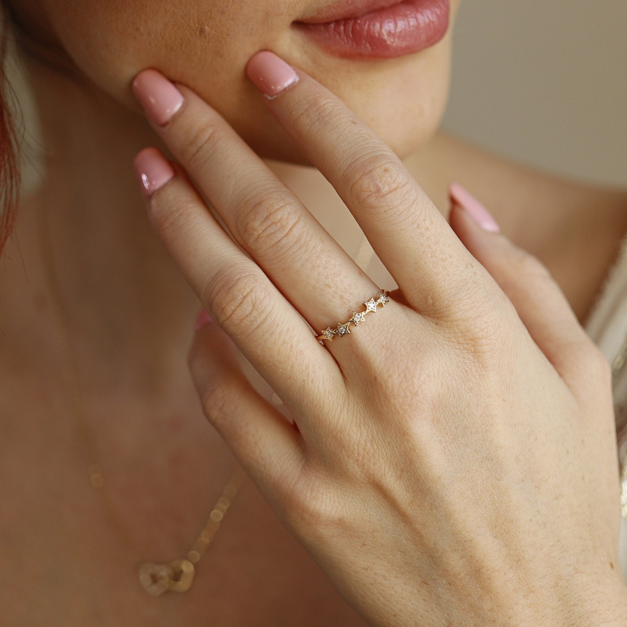 Diamond Star Ring 14k Gold – Five Star Celestial Wedding Band, Natural Diamond Stacking Ring, Dainty Gold Star Band Gift for Her - Melt'm Jewelry