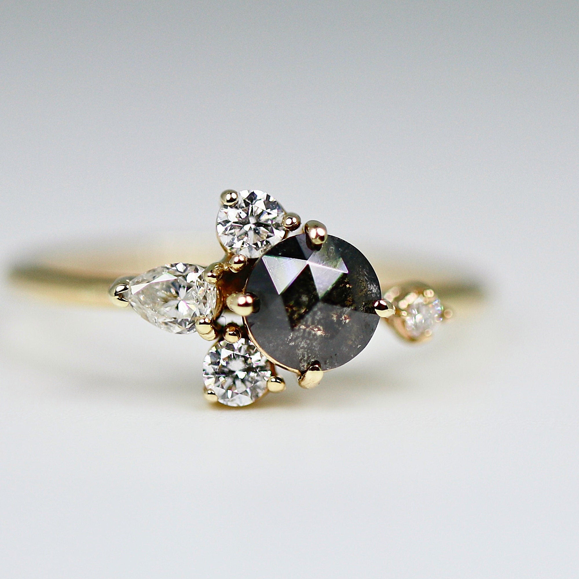 Handcrafted Rose Cut Salt and Pepper Diamond Cluster Ring - Melt'm Jewelry