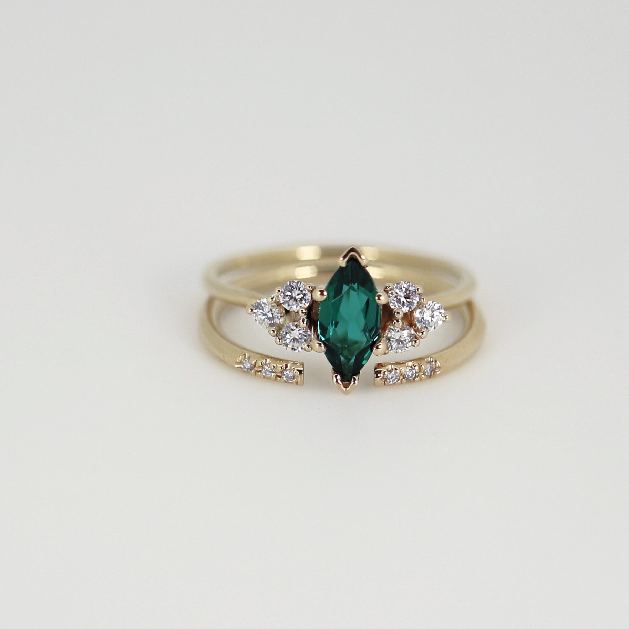 14k Gold Marquise Cut Emerald and Diamond Ring