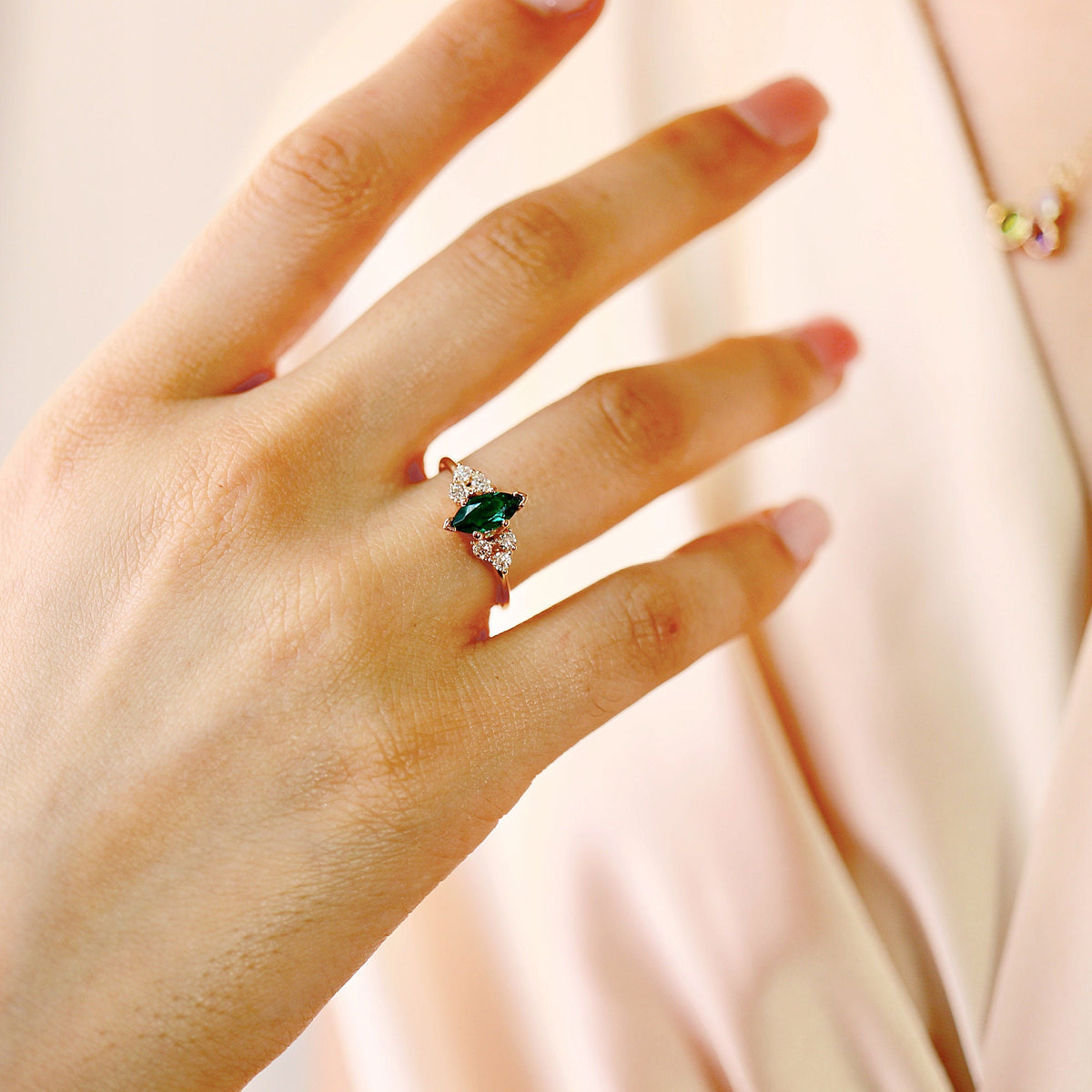 14k Gold Marquise Cut Emerald and Diamond Ring