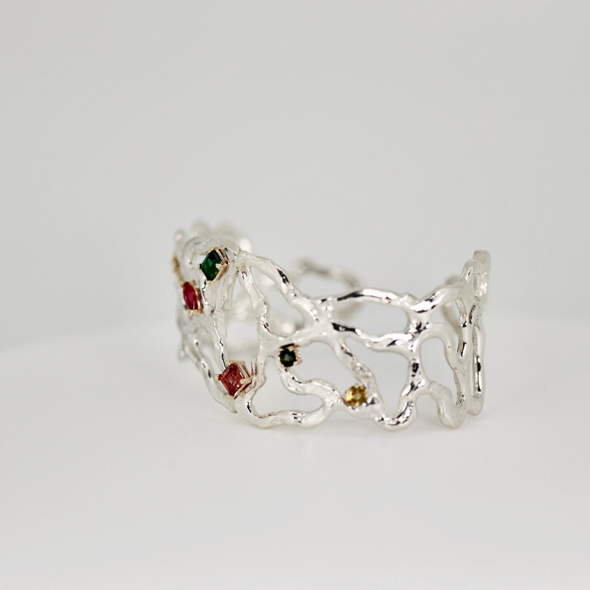 Multi - Gem Gemstone Cuff Bracelet in Sterling Silver and 14k Gold Set - One of A Kind - Melt'm Jewelry