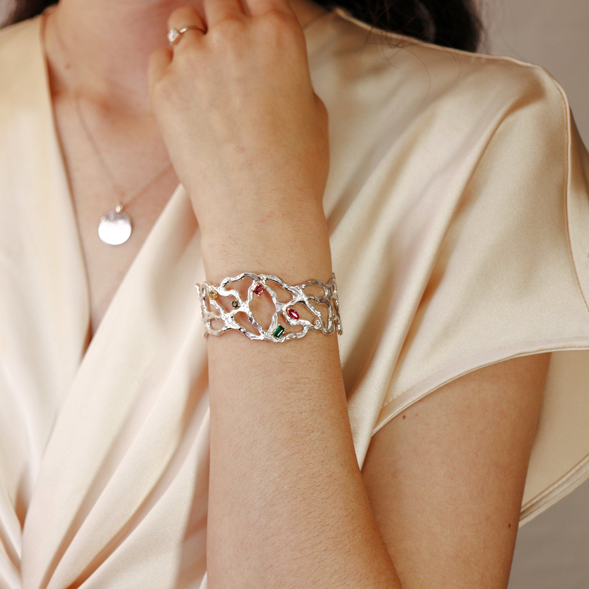 Multi-Gem Gemstone Cuff Bracelet in Sterling Silver and 14k Gold Set- One of A Kind - Melt'm Jewelry