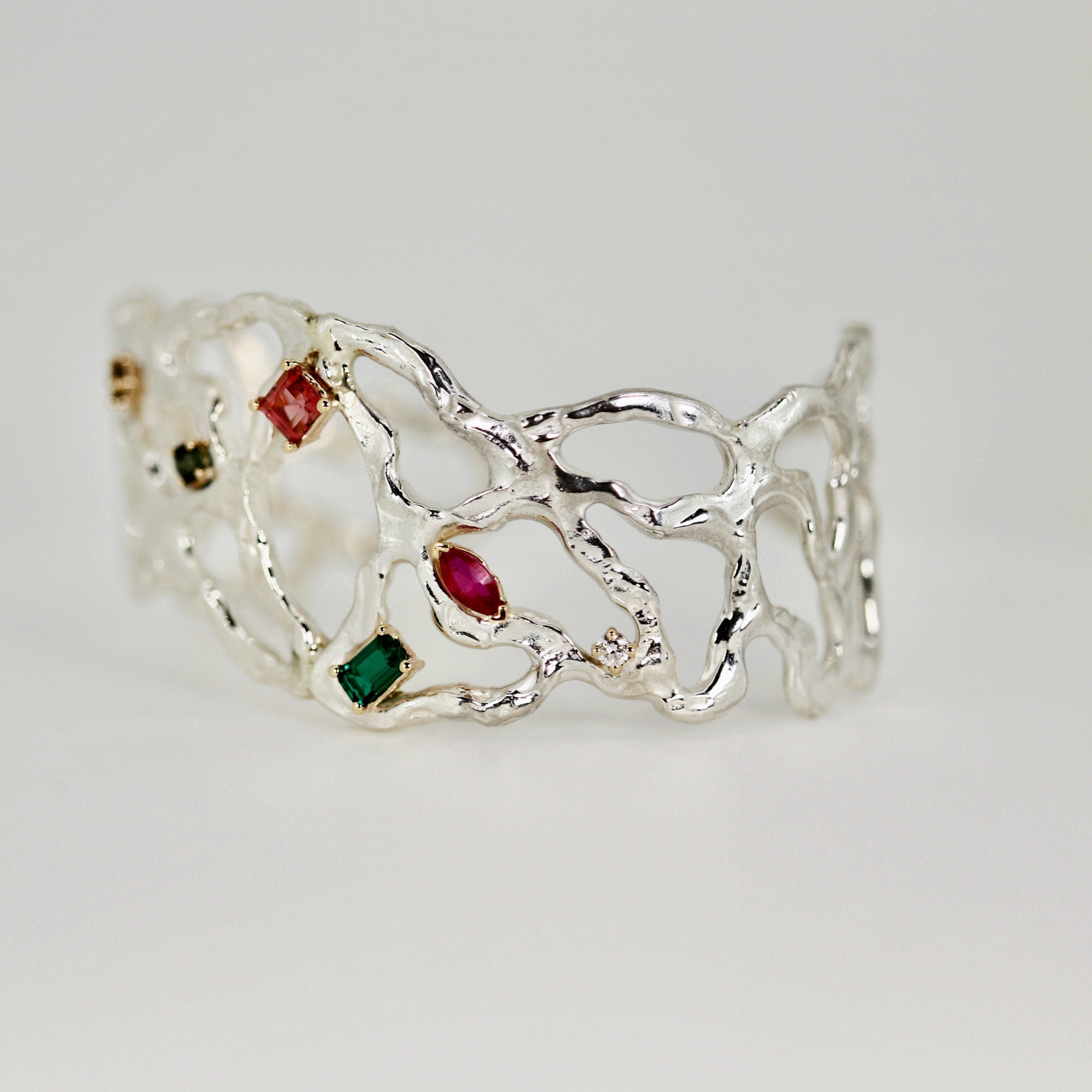 Multi - Gem Gemstone Cuff Bracelet in Sterling Silver and 14k Gold Set - One of A Kind - Melt'm Jewelry