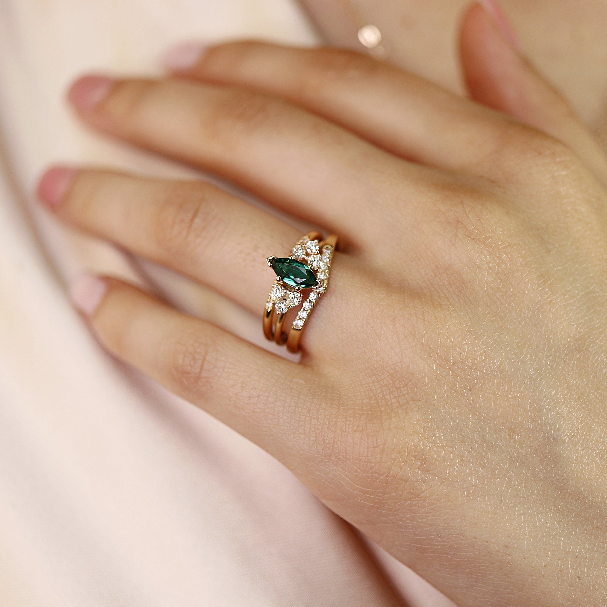 14k Gold Marquise Cut Emerald and Diamond Ring - Melt'm Jewelry
