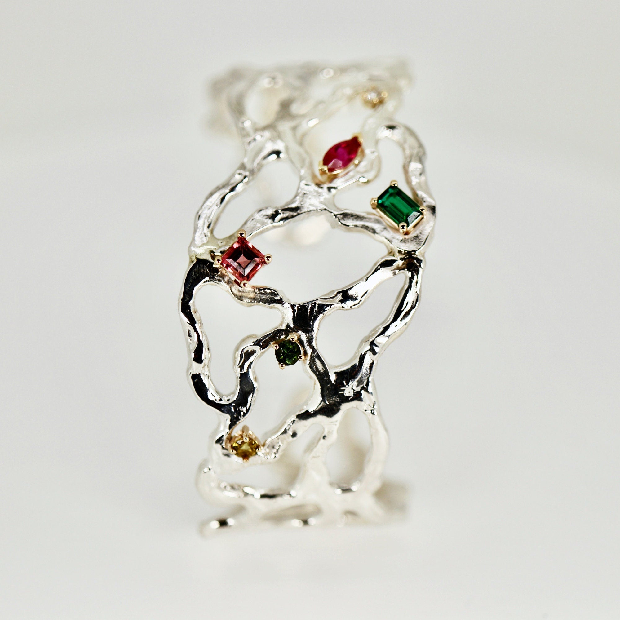 Multi-Gem Gemstone Cuff Bracelet in Sterling Silver and 14k Gold Set- One of A Kind - Melt'm Jewelry