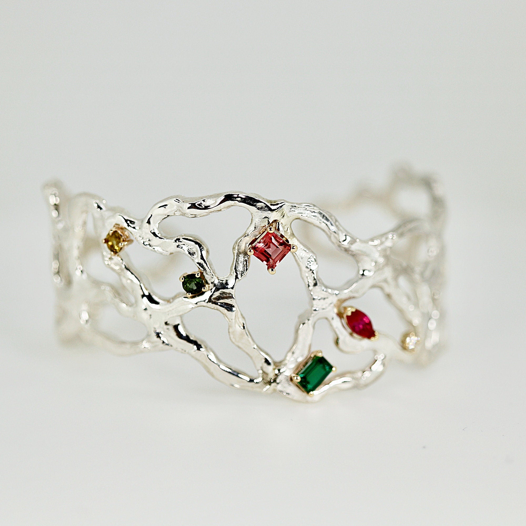 Multi-Gem Gemstone Cuff Bracelet in Sterling Silver and 14k Gold Set- One of A Kind - Melt'm Jewelry