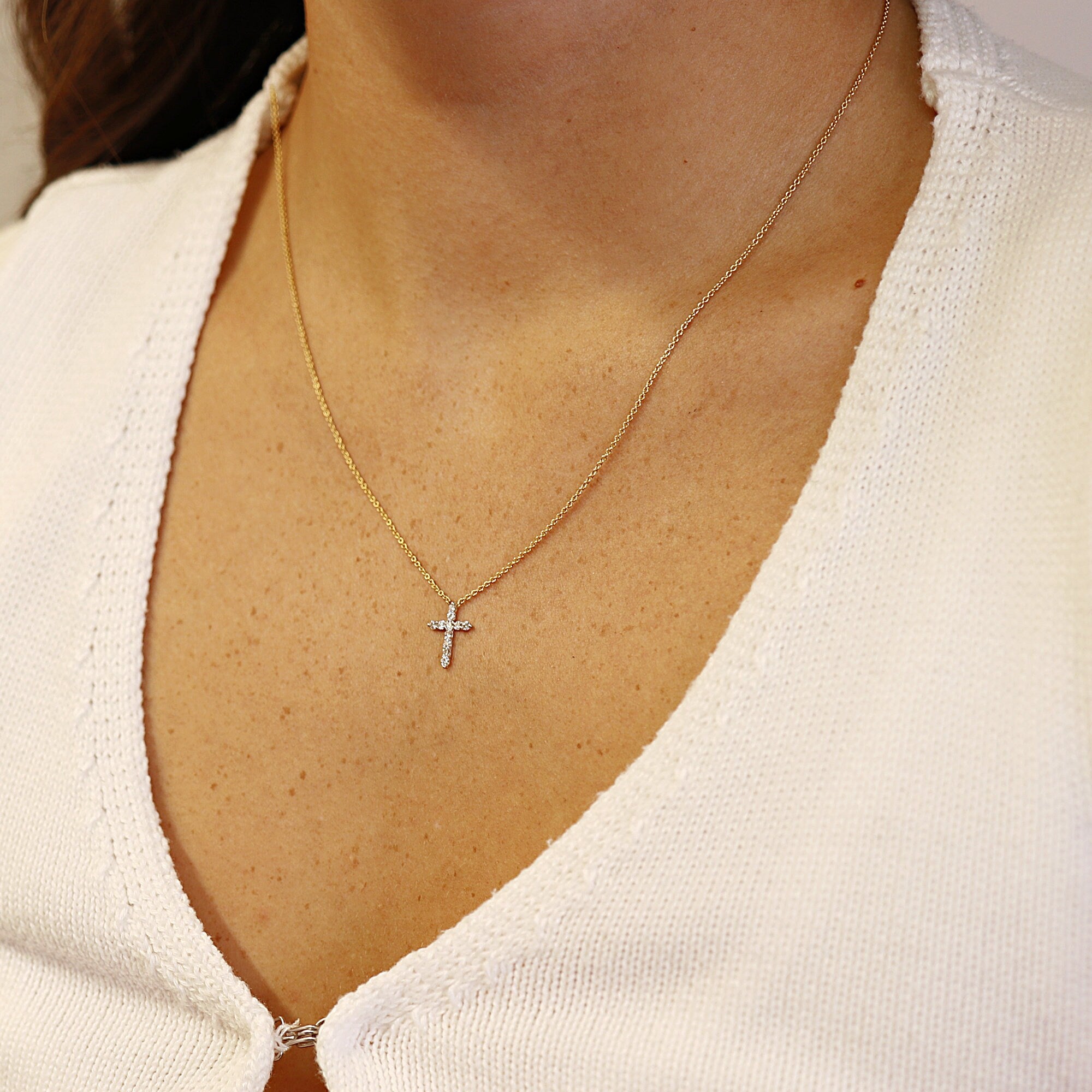 Diamond Cross Necklace, 14k Gold Diamond Cross Necklace, Diamond Cross Pendant