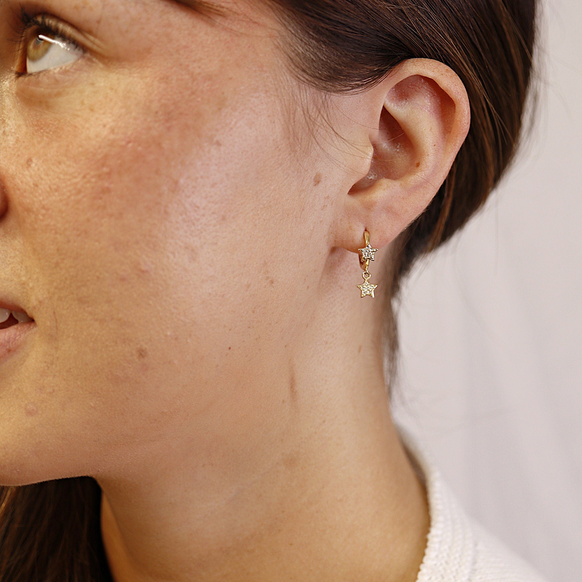 Diamond Star Huggie Hoop Earrings Dangling in 14k Gold (SINGLE OR PAIR) - Melt'm Jewelry