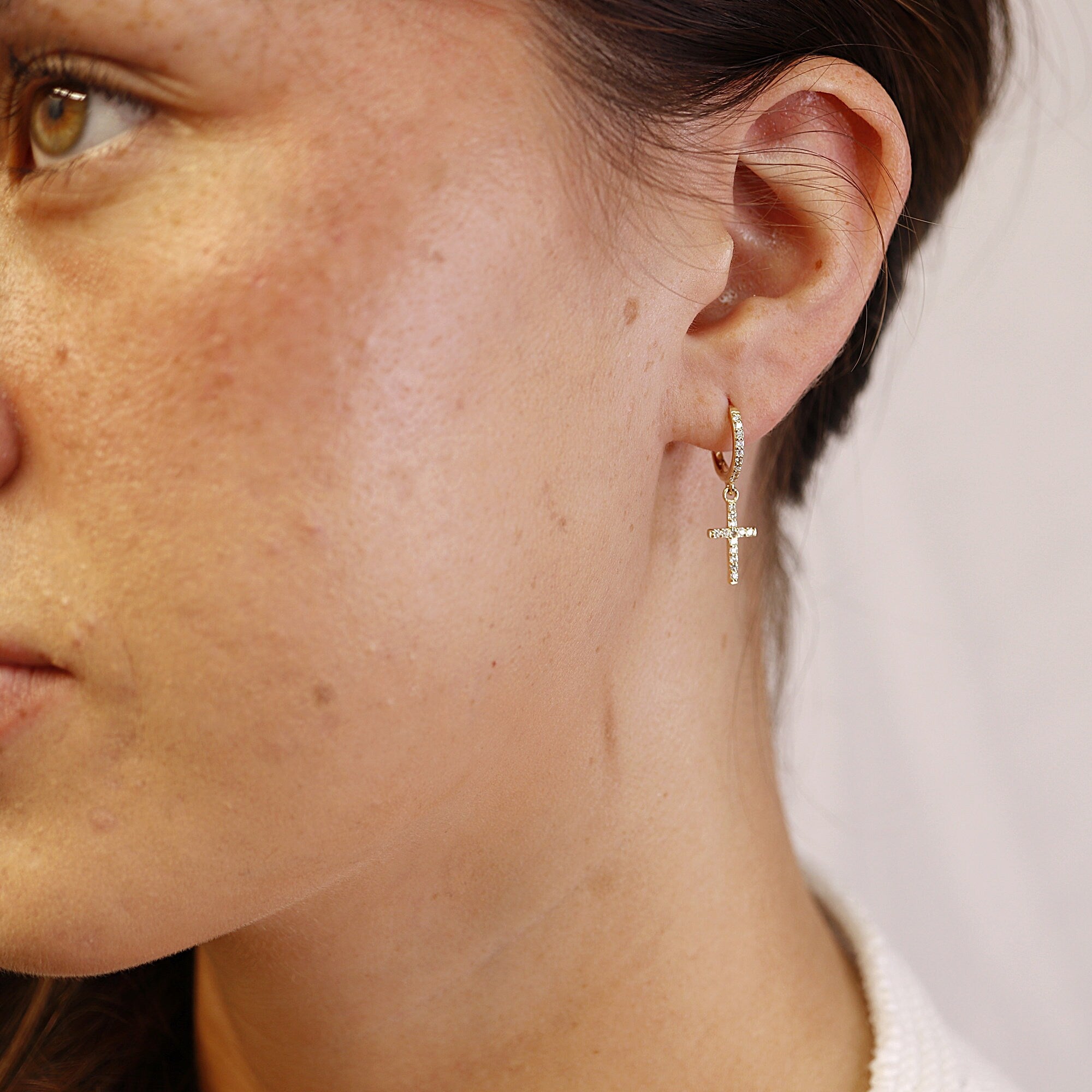 Diamond Cross Hoop Earrings, Gold Hoop Dangle Earrings