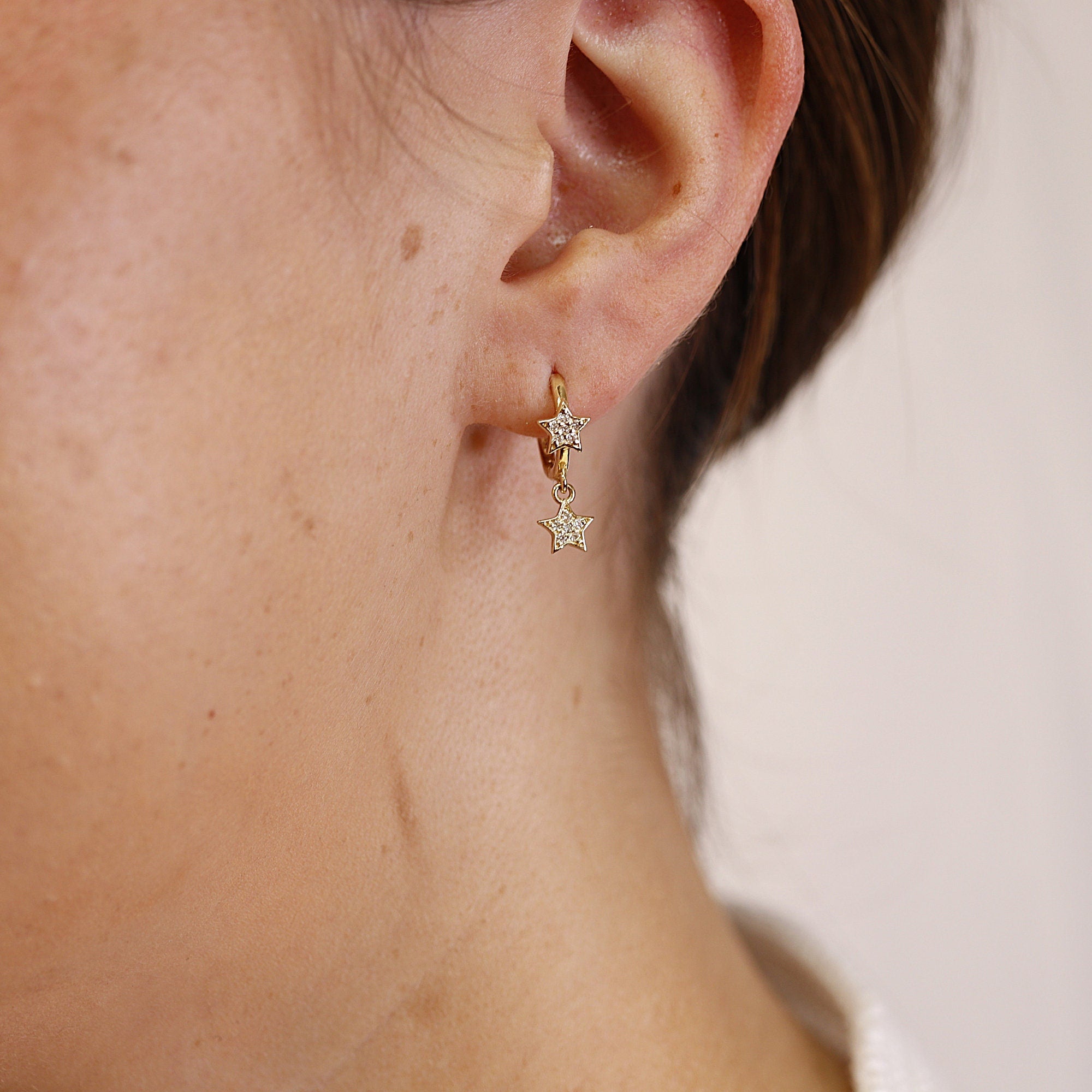 Diamond Star Huggie Hoop Earrings Dangling in 14k Gold (SINGLE OR PAIR) - Melt'm Jewelry