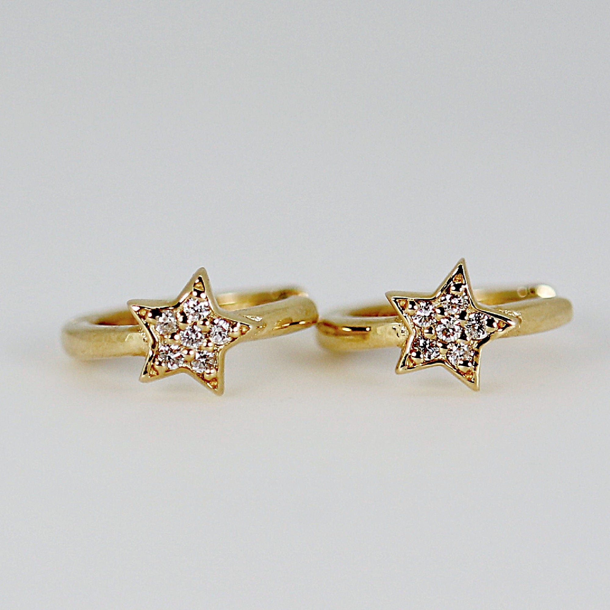 Paved Diamond Star Huggie Hoop Earrings 14k Gold