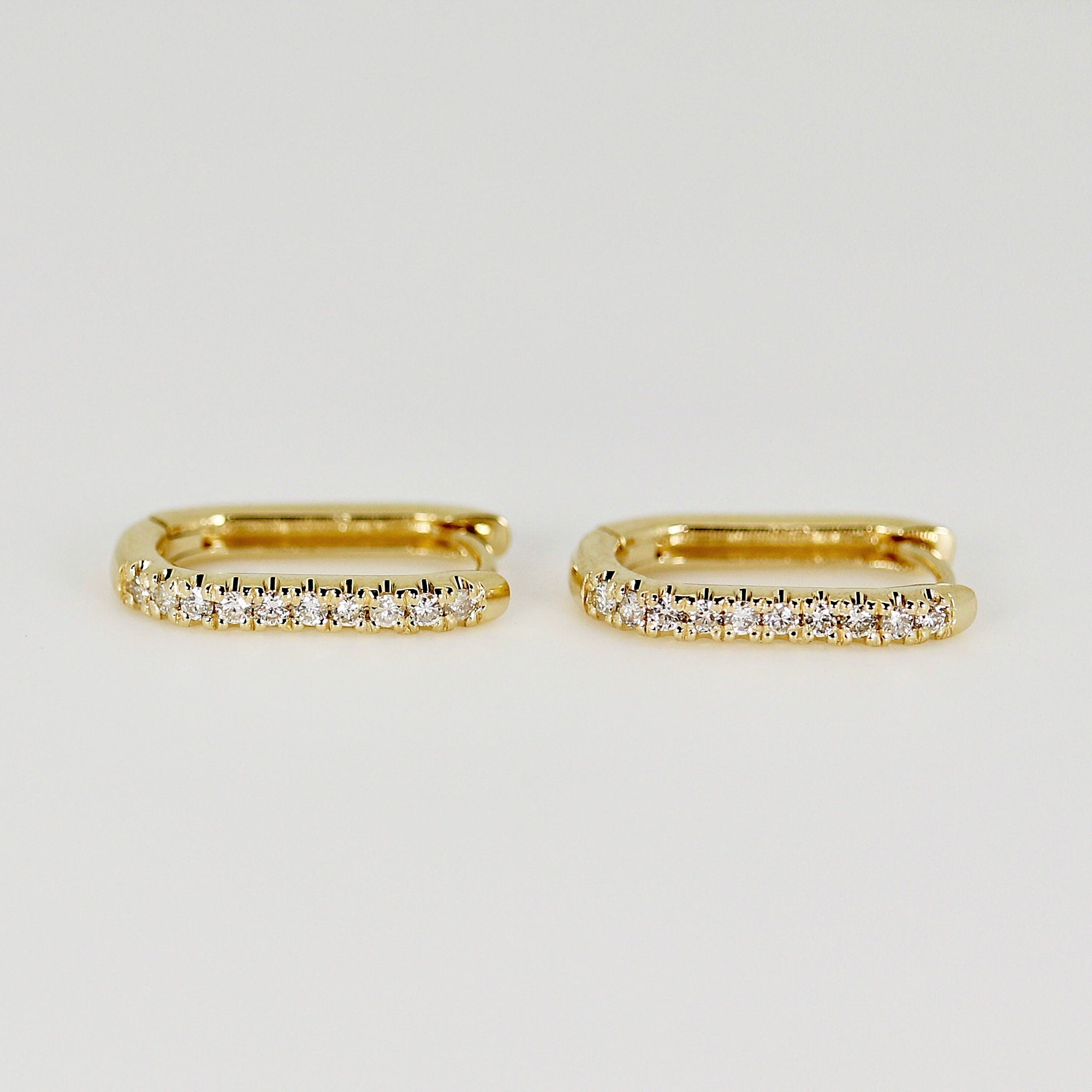 14k Gold U Shape Diamond Hoops Earrings, Natural Diamond Rectangle Hoop Earrings