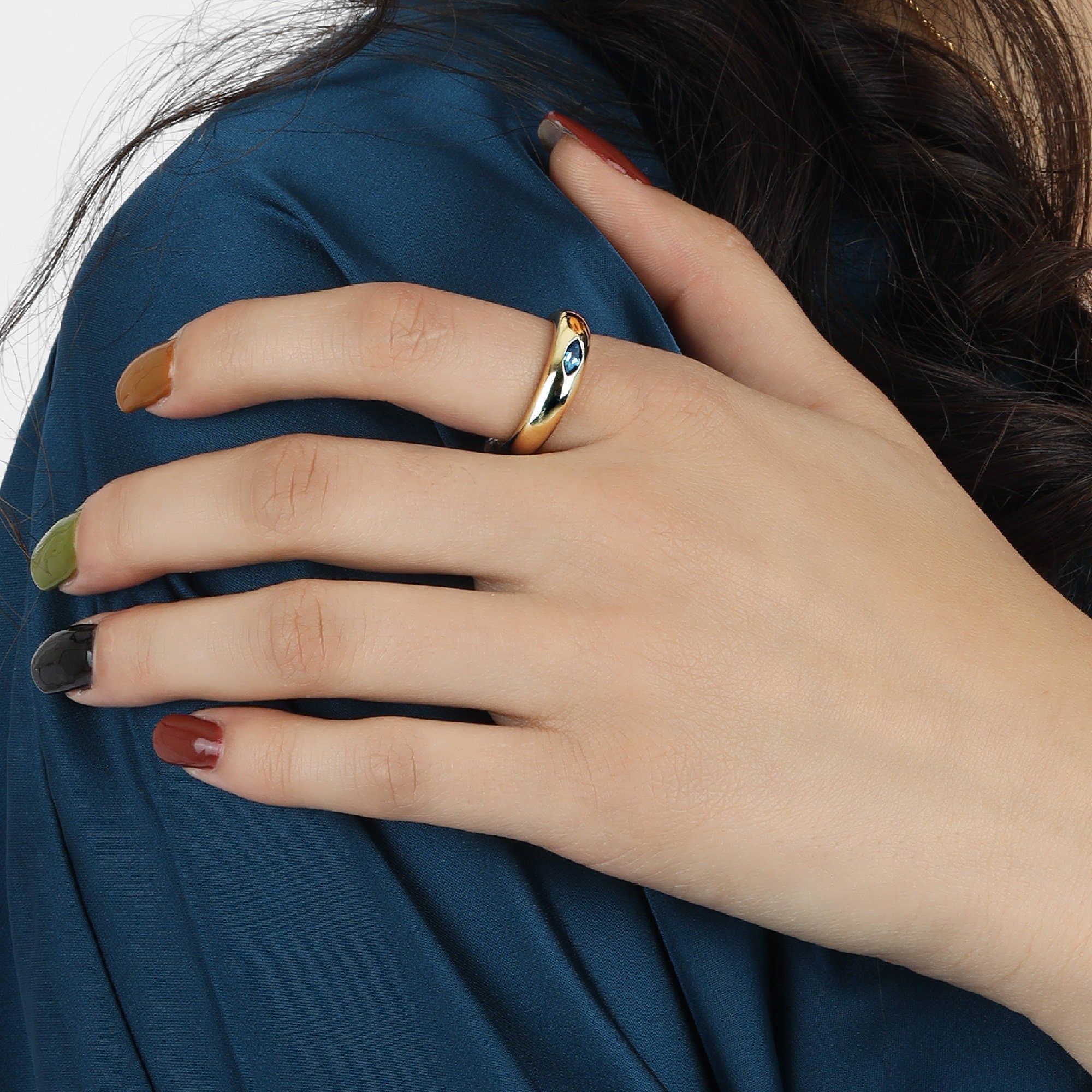 14k Gold Minimalist Dome Ring With Marquise London Blue Topaz - Melt'm Jewelry