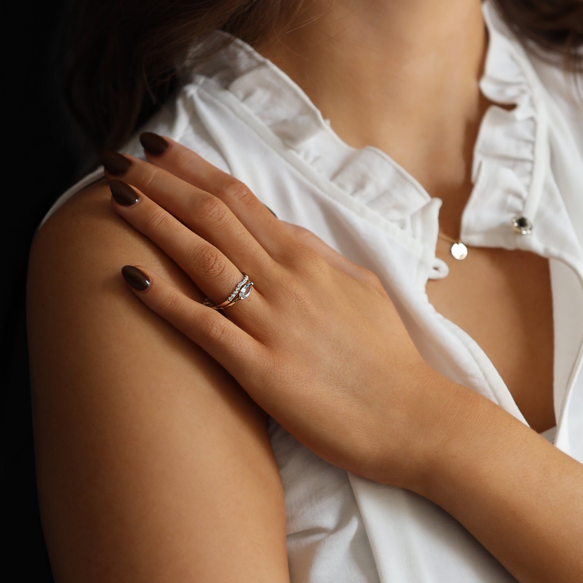 Marquise Aquamarine Ring, 14k Gold Aquamarine Engagement Ring