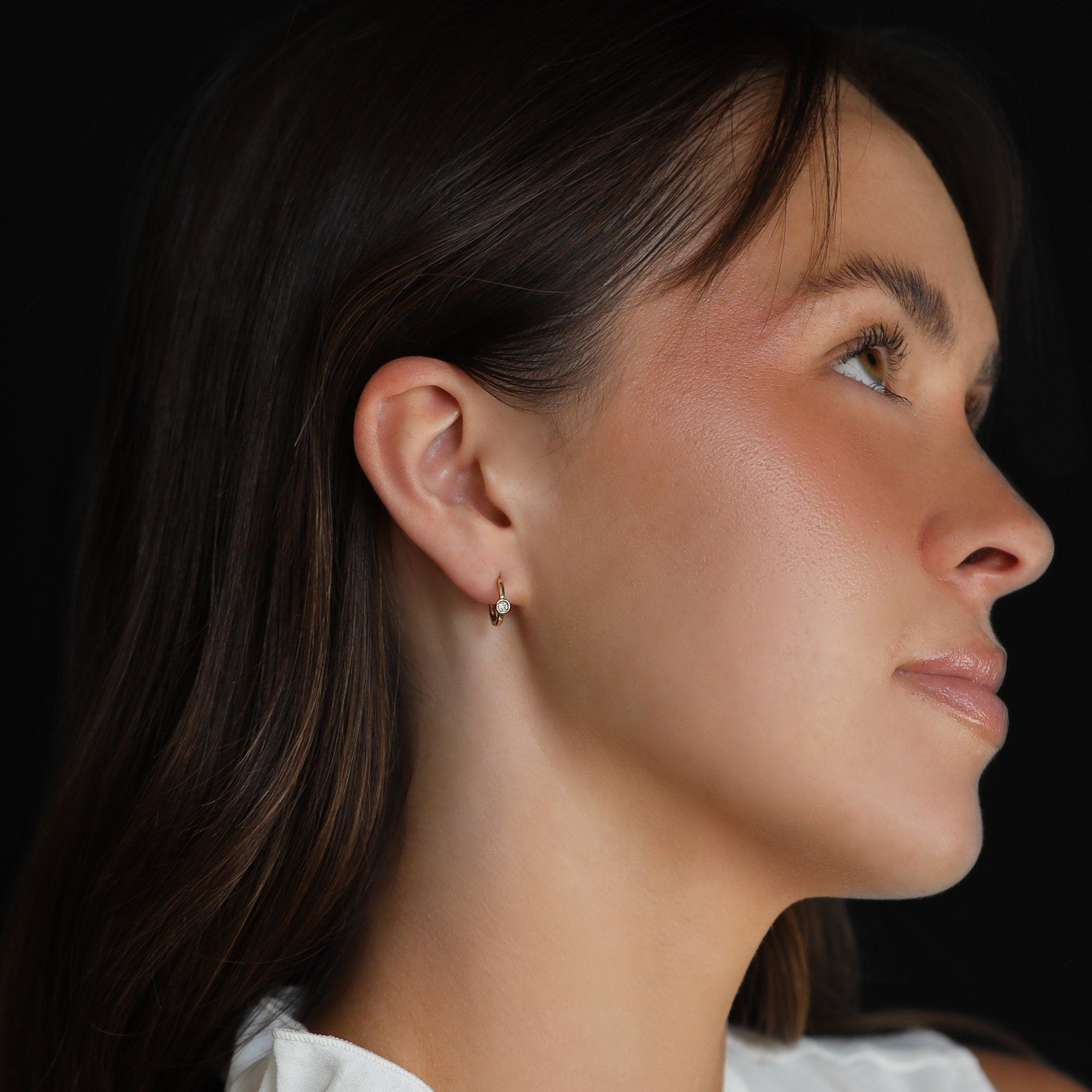 Bezel Solitaire Diamond Huggies Earrings 14k Solid Gold - SINGLE OR PAIR - Melt'm Jewelry