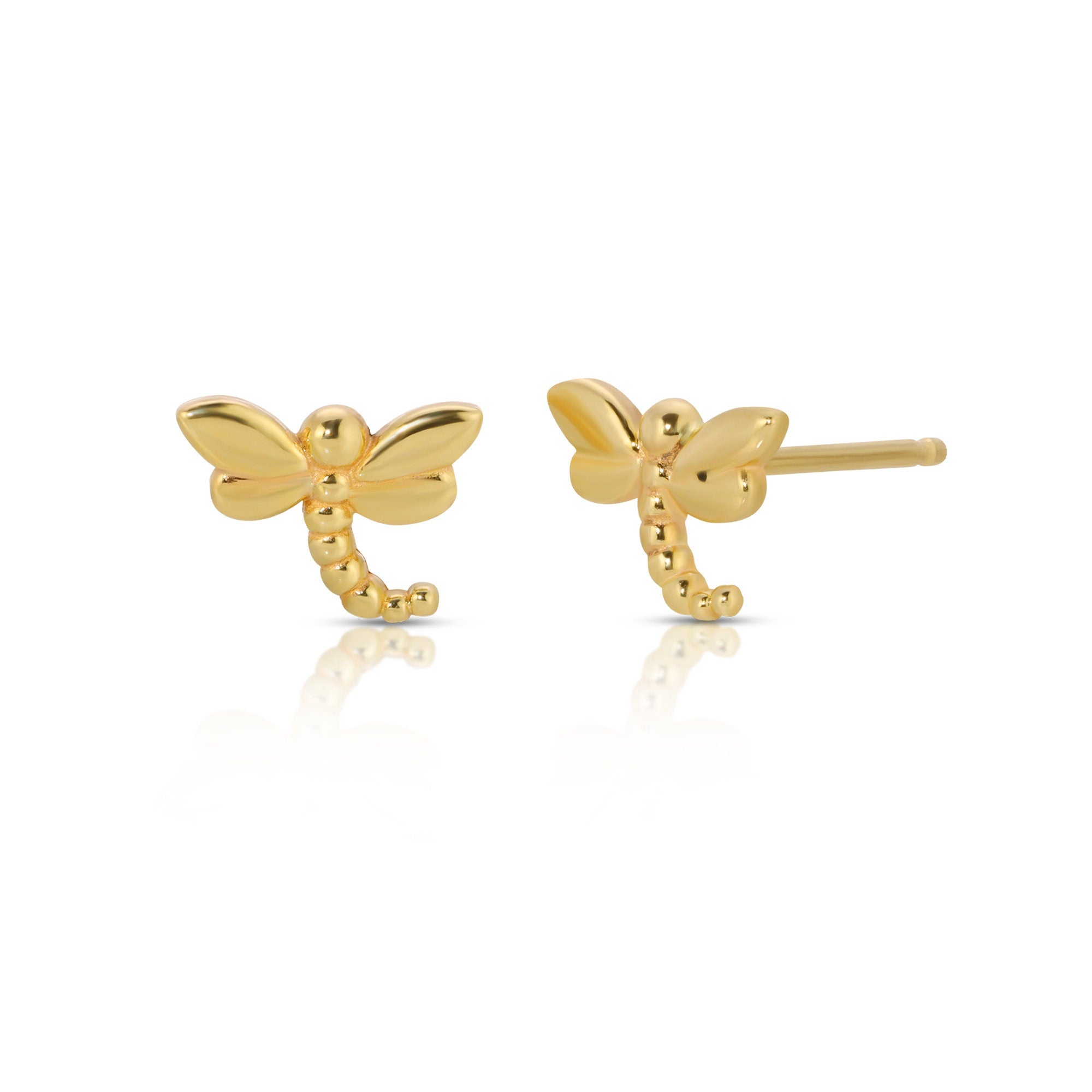 14k Gold Dragonfly Stud Earrings, Nature Inspired Gift (SINGLE or PAIR) - Melt'm Jewelry
