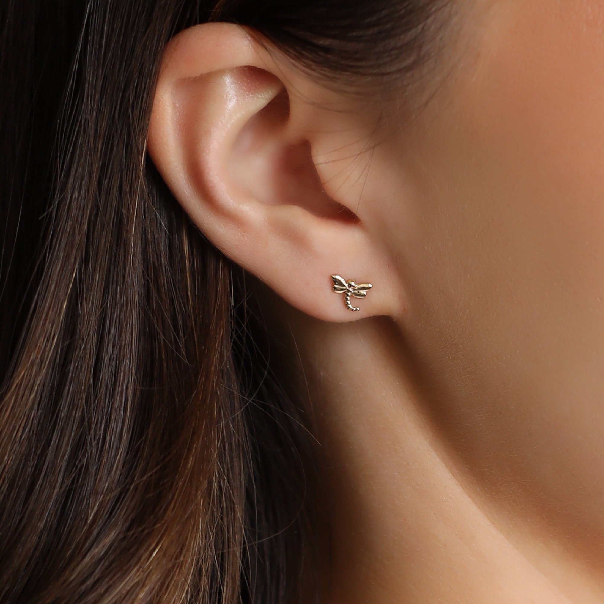 14k Gold Dragonfly Stud Earrings, Nature Inspired Gift (SINGLE or PAIR) - Melt'm Jewelry