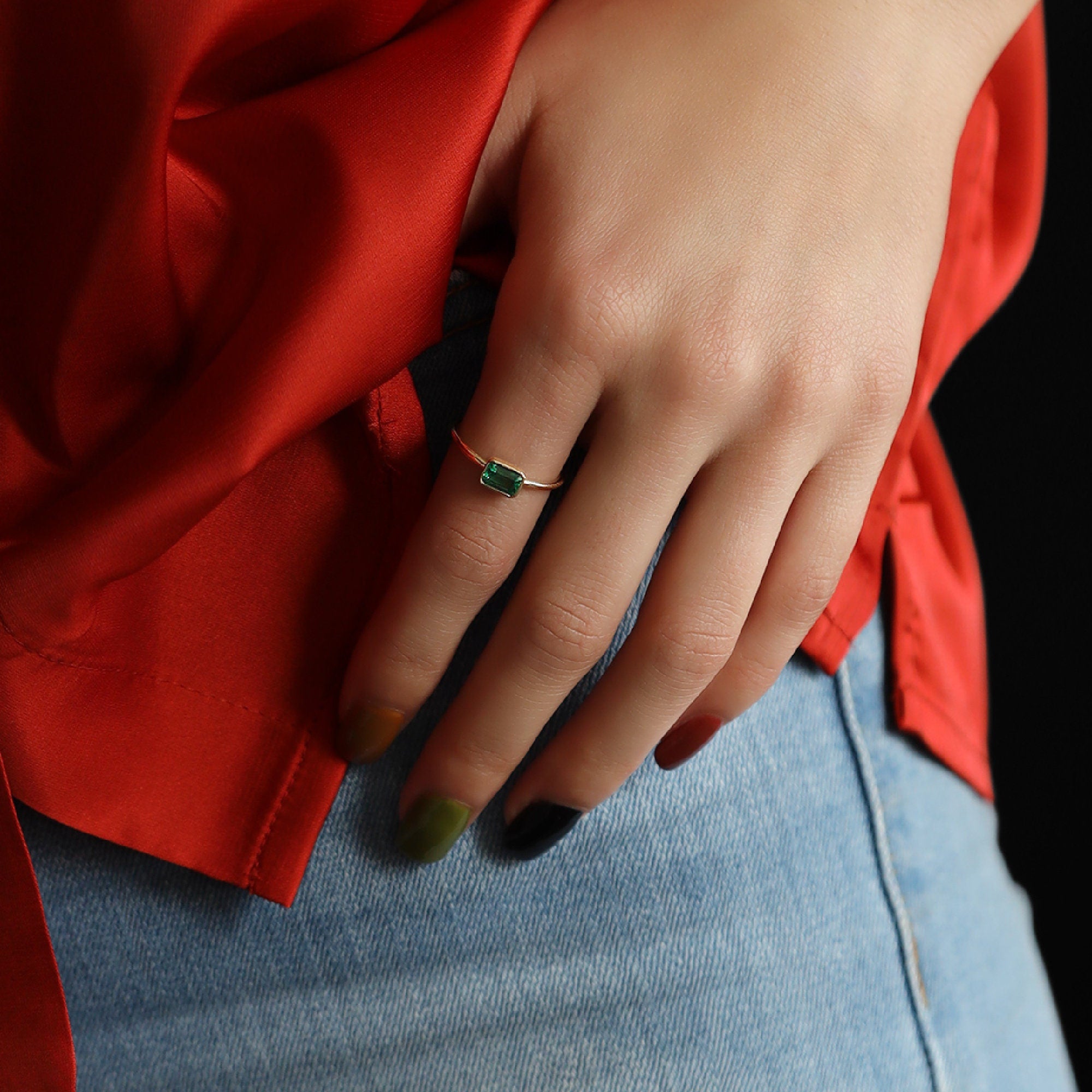 Emerald Cut Bezel Set East West Emerald Ring - Melt'm Jewelry