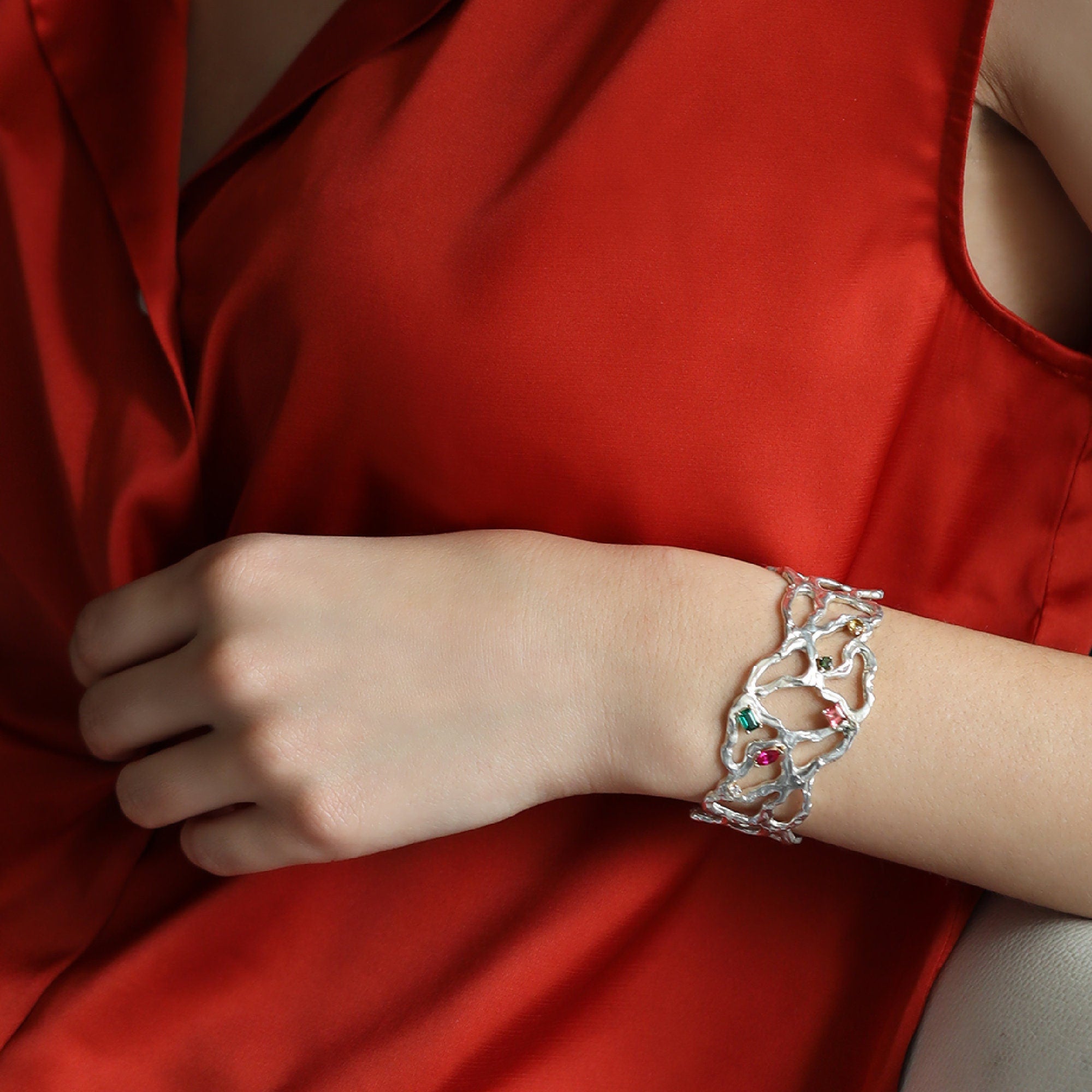 Multi-Gem Gemstone Cuff Bracelet in Sterling Silver and 14k Gold Set- One of A Kind - Melt'm Jewelry