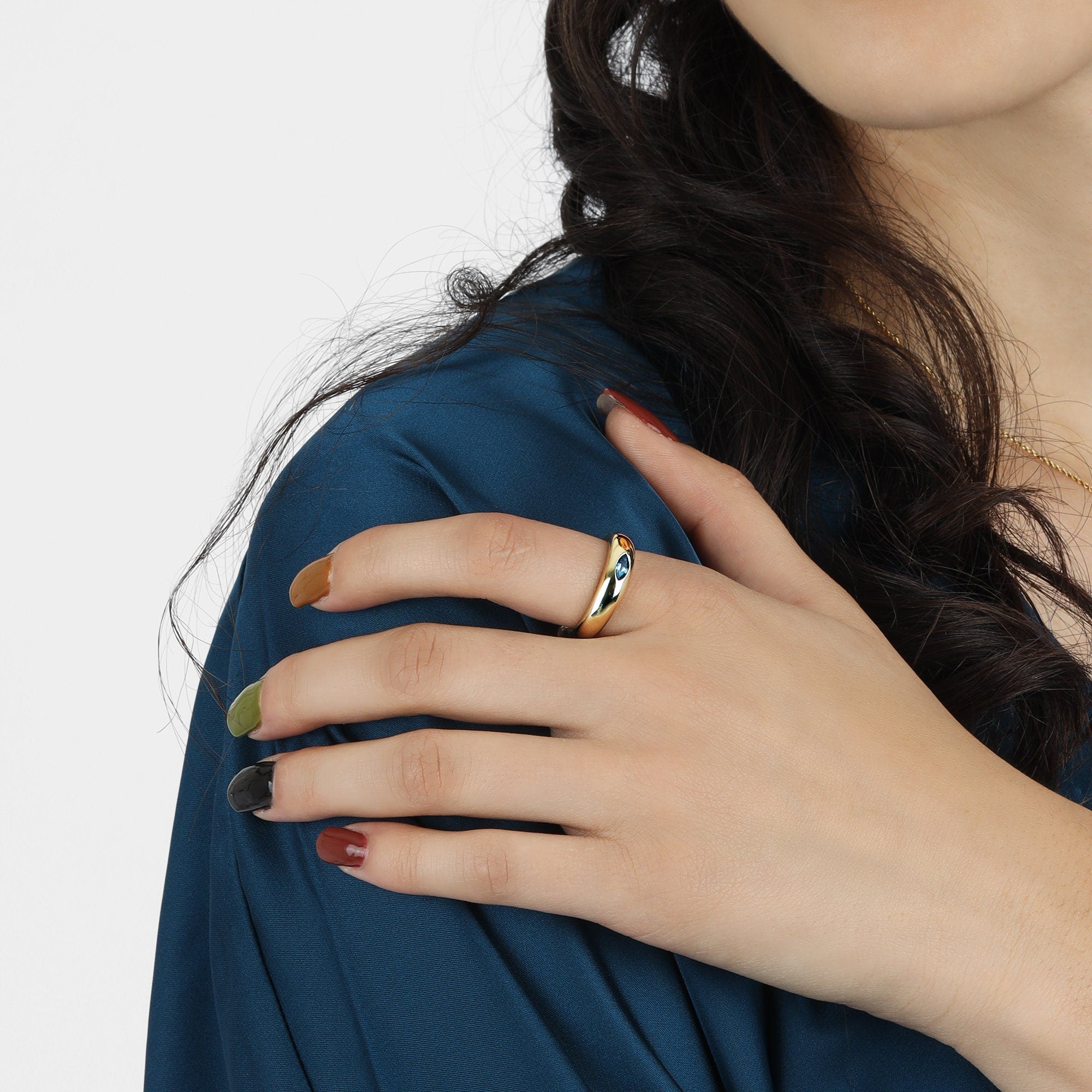 14k Gold Minimalist Dome Ring With Marquise London Blue Topaz - Melt'm Jewelry