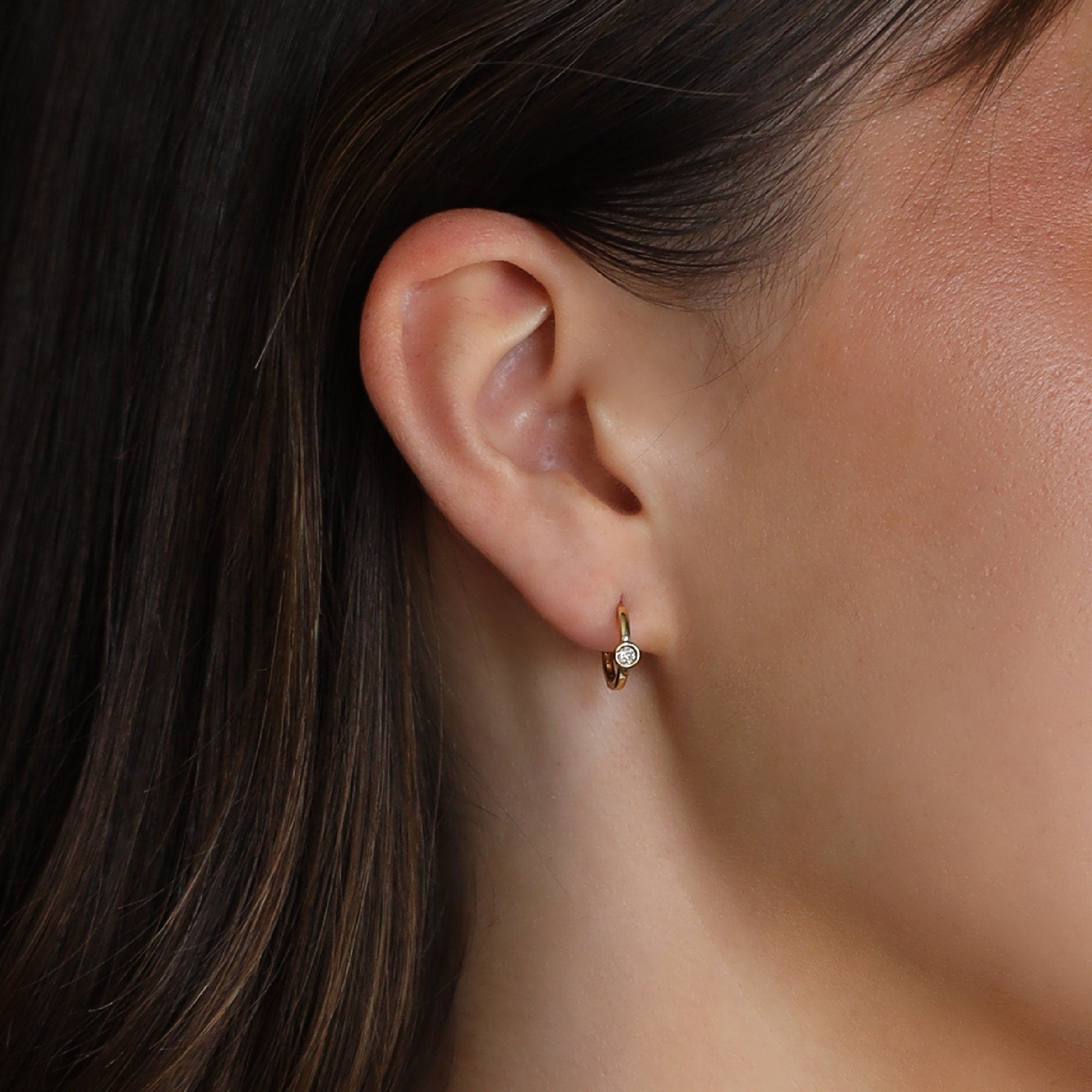 Bezel Solitaire Diamond Huggies Earrings in 14k Solid Gold - SINGLE OR PAIR - Melt'm Jewelry