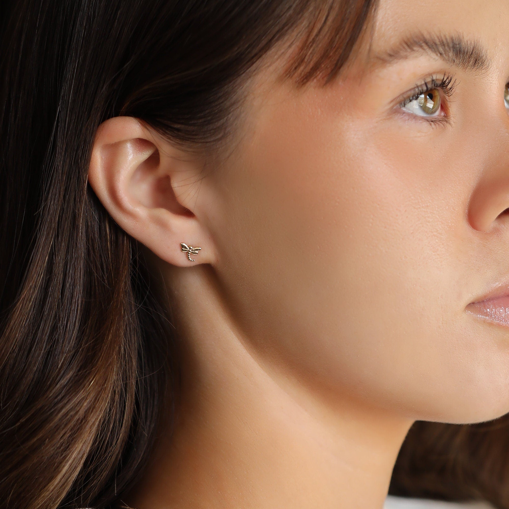 14k Gold Dragonfly Stud Earrings, Nature Inspired Gift (SINGLE or PAIR) - Melt'm Jewelry