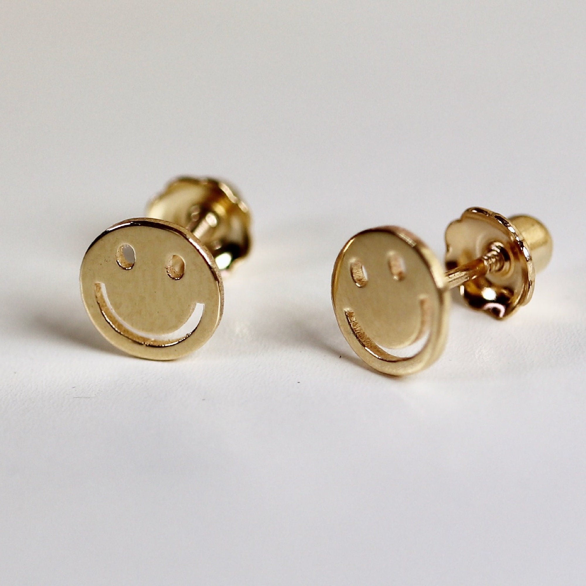 Smiley Face Stud Earrings 14k Solid Gold, Tiny Gold Studs - Melt'm Jewelry