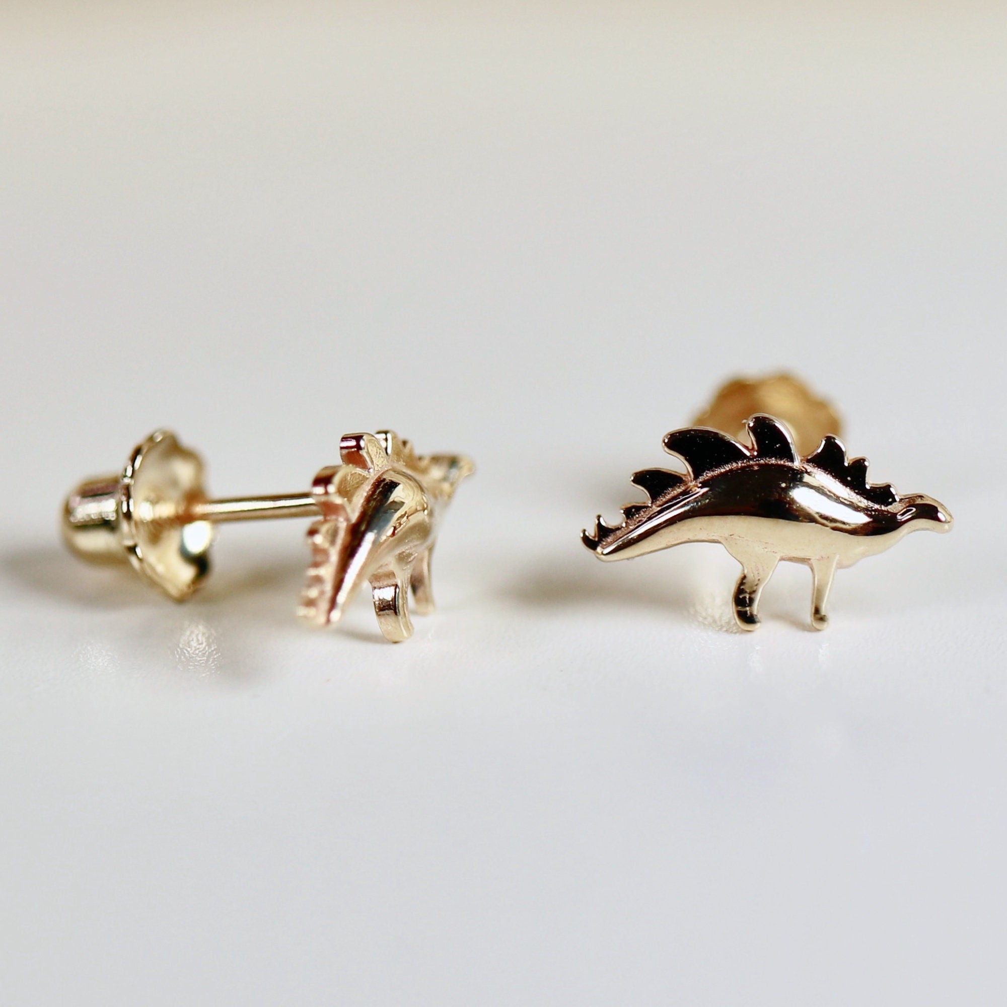 Dinosaur Earrings 14k Solid Gold, Single / Pair, Plateosaurus Dinosaur Earrings - Melt'm Jewelry