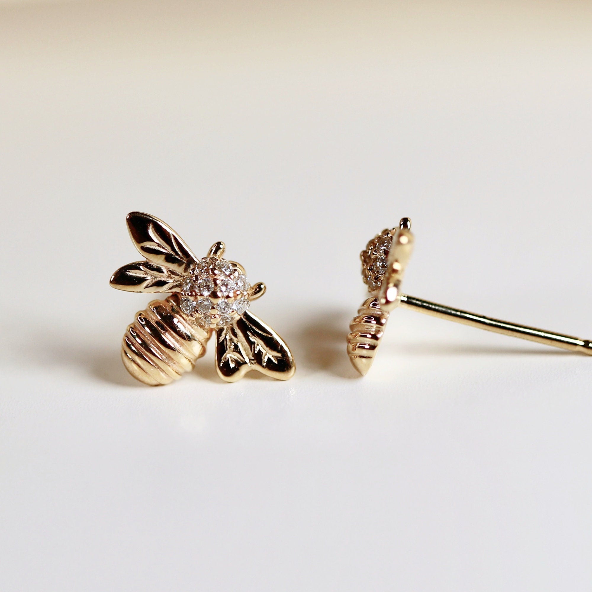 Real Diamond Bumble Bee Earrings 14k Gold