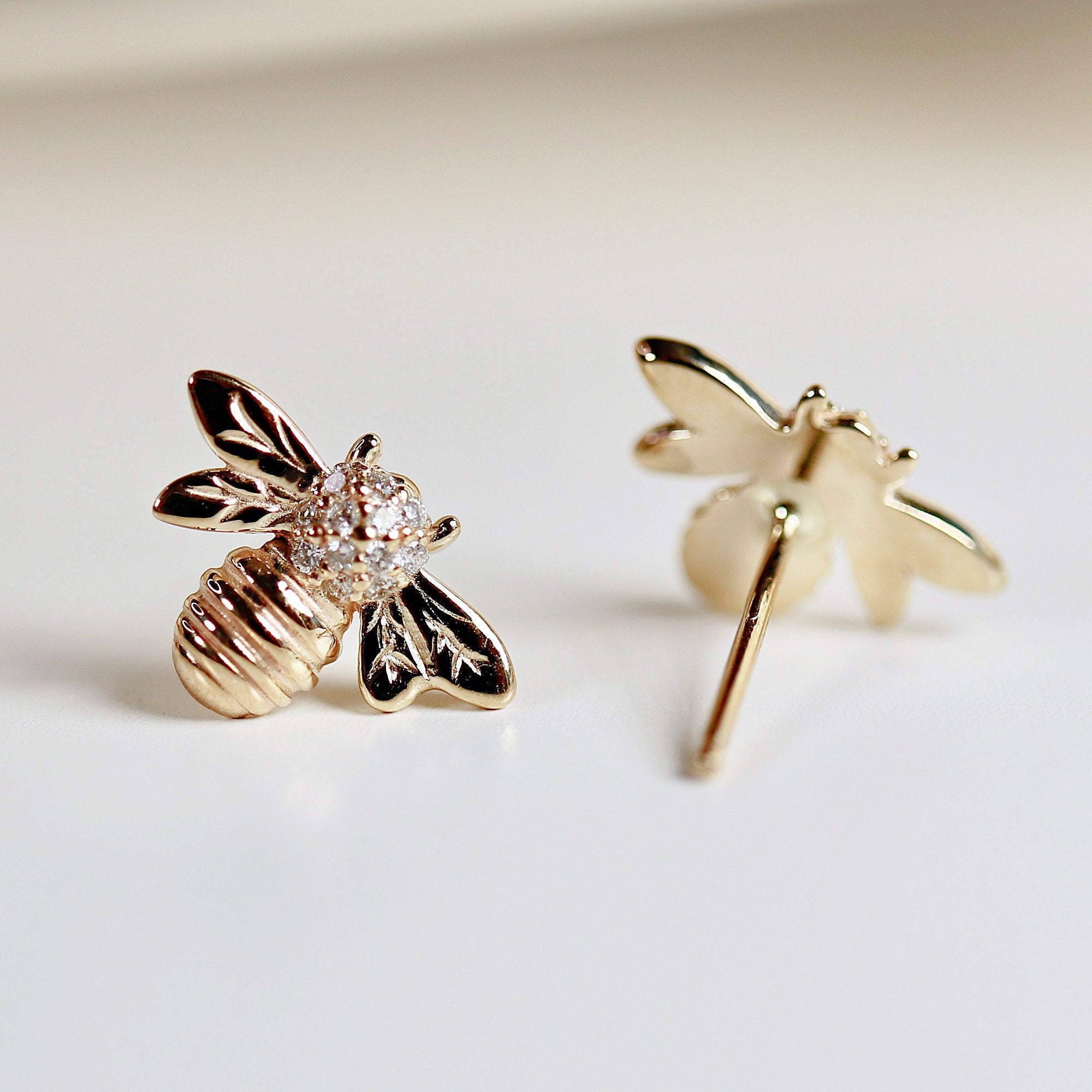 14k Gold Diamond Bumble Bee Earrings – Minimal Honey Bee Studs (SINGLE OR PAIR) - Melt'm Jewelry