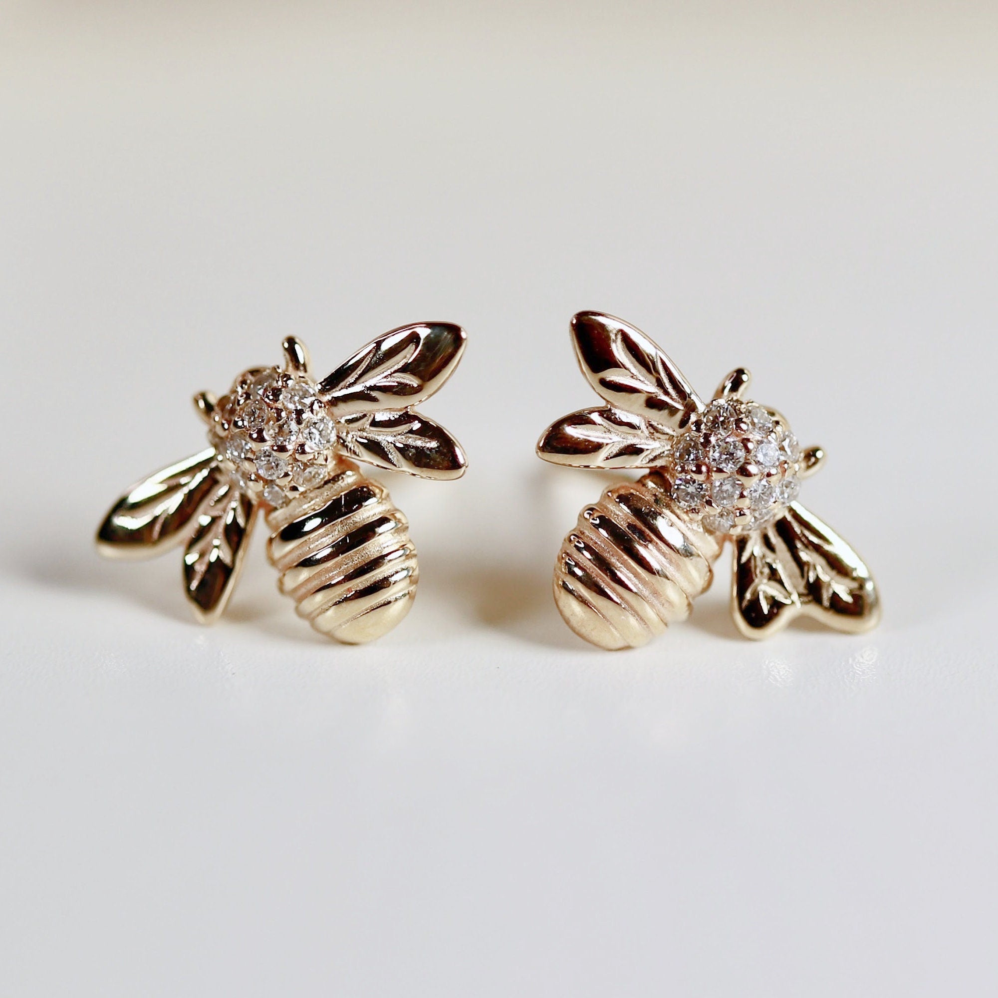 Real Diamond Bumble Bee Earrings 14k Gold